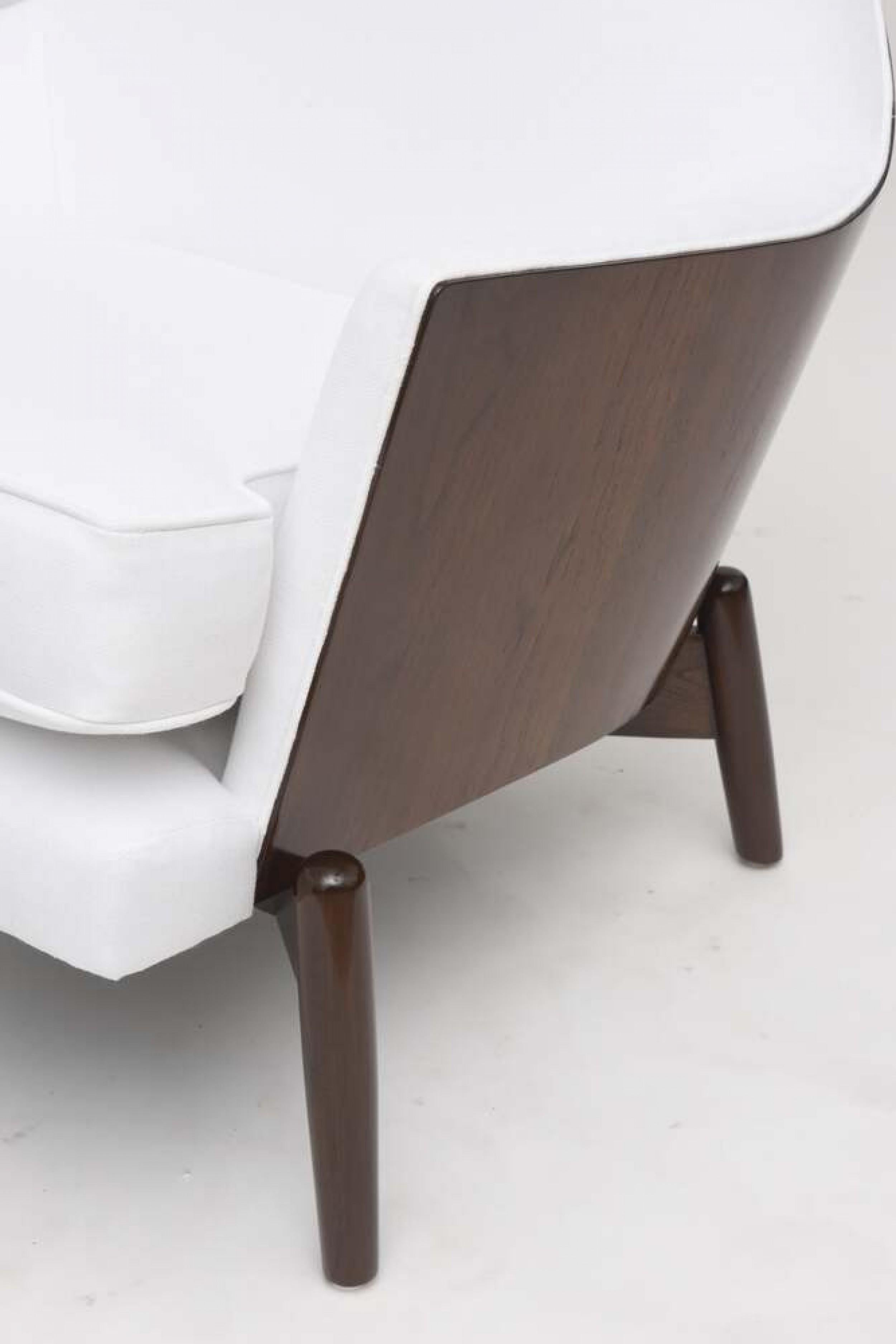 Ib Kofod Larsen Midcentury Danish Modern Walnut and White Upholstery Armchair In Good Condition For Sale In New York, NY
