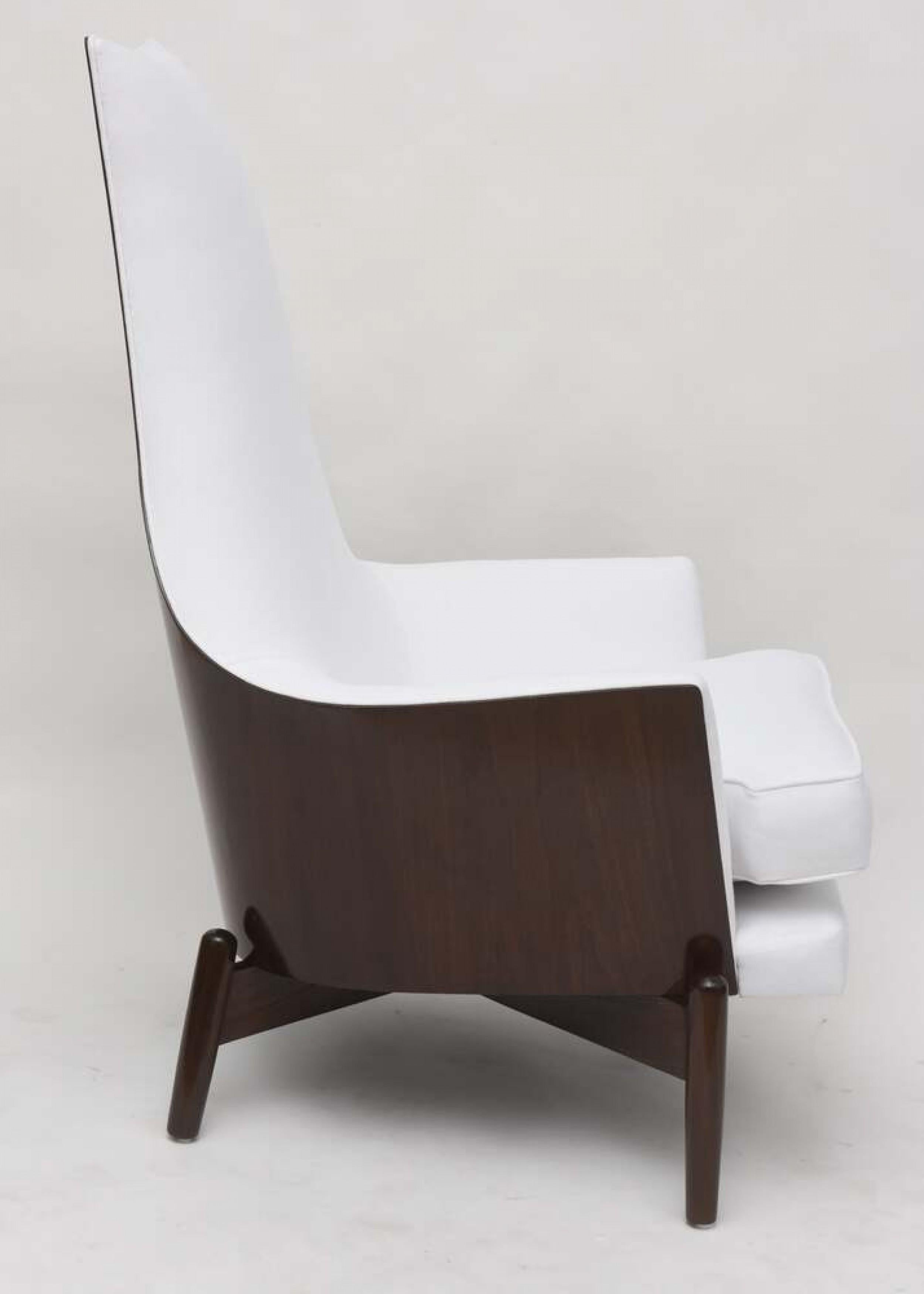 Ib Kofod Larsen Midcentury Danish Modern Walnut and White Upholstery Armchair For Sale 1