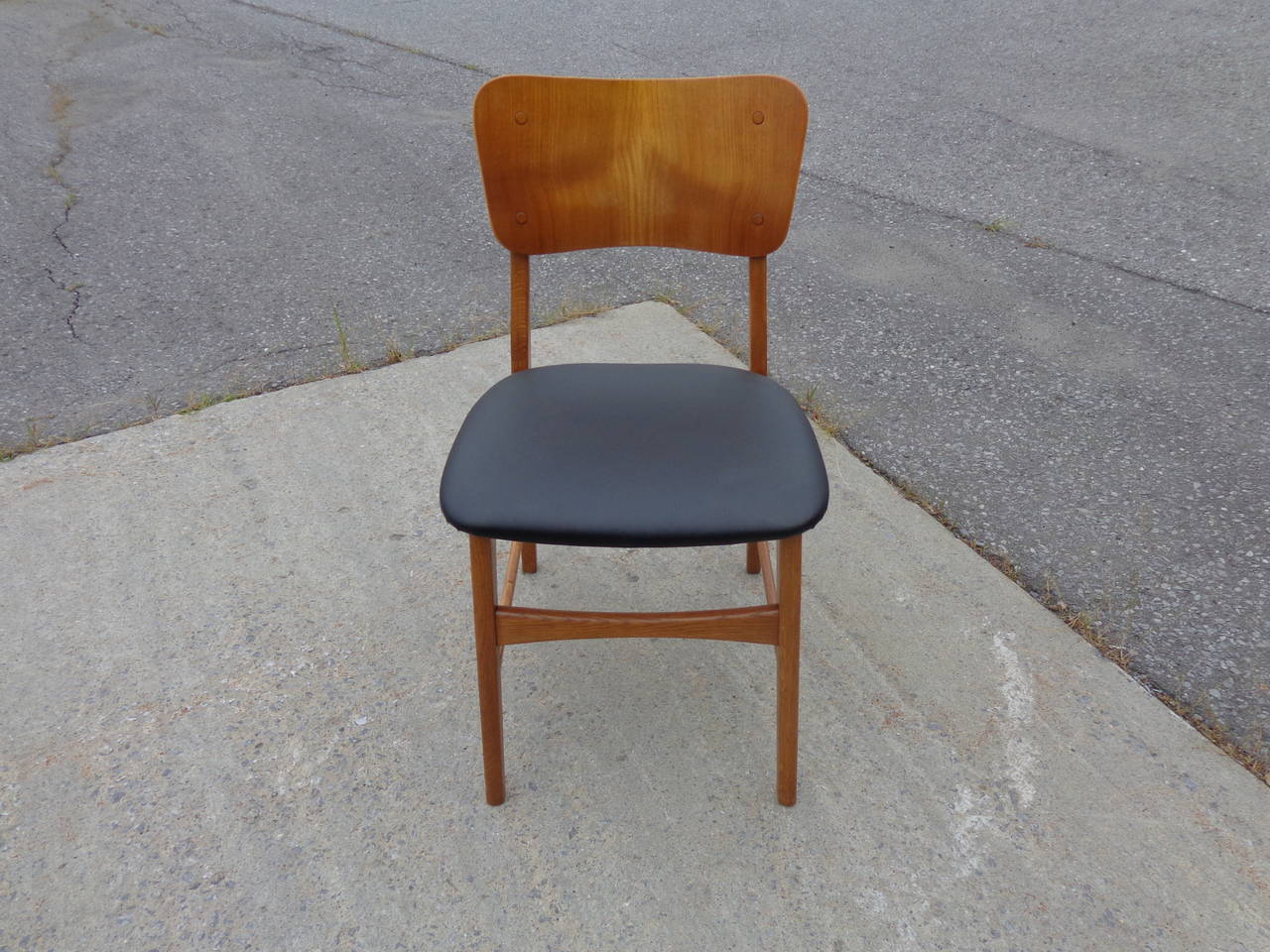 Danish Ib Kofod-Larsen Oak Frame Chair with Teak Back and New Leatherette Upholstery For Sale