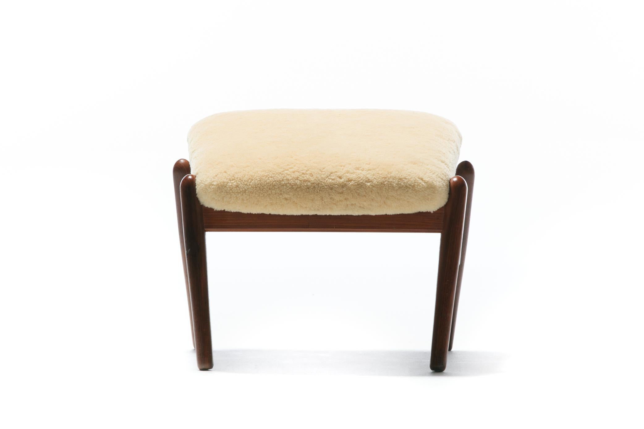 Ib Kofod Larsen Oatmeal Sheepskin & Walnut Reclining Lounge Chair & Ottoman 11