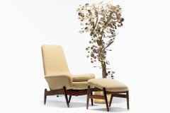 Ib Kofod Larsen Oatmeal Sheepskin & Walnut Reclining Lounge Chair & Ottoman
