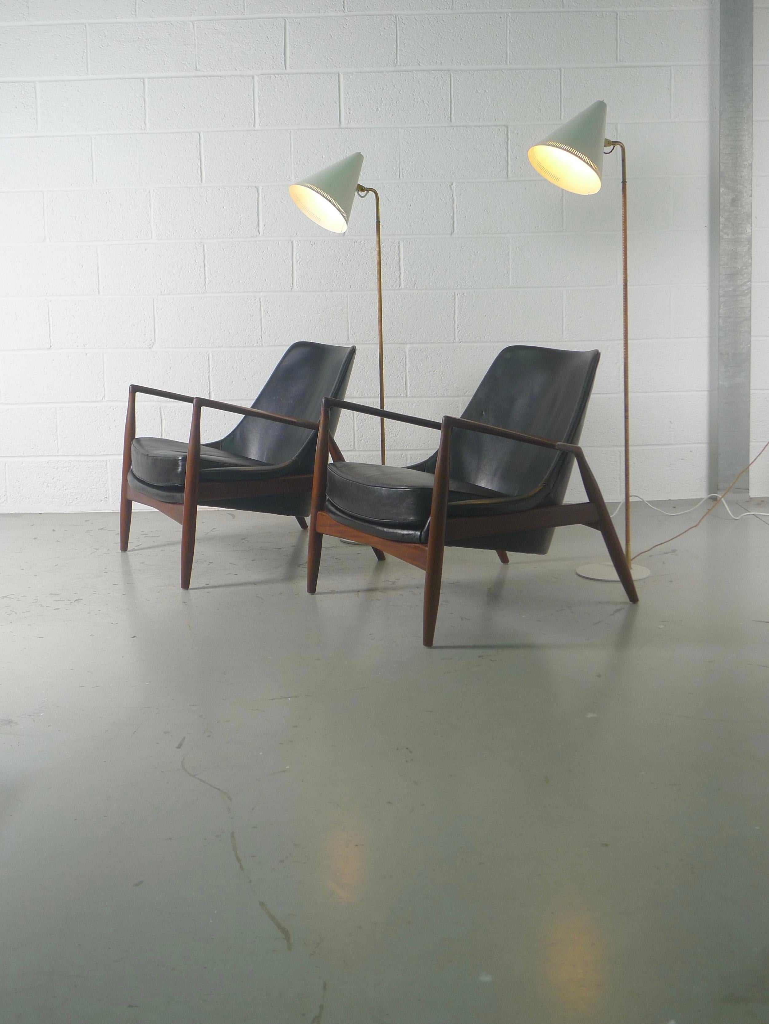 Ib Kofod-Larsen, Pair of Black Leather Seal Armchairs for OPE, Sweden, 1956 7