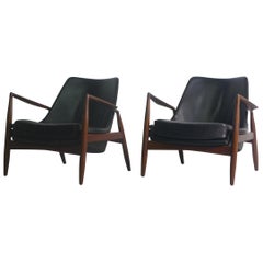 Ib Kofod-Larsen, Pair of Black Leather Seal Armchairs for OPE, Sweden, 1956