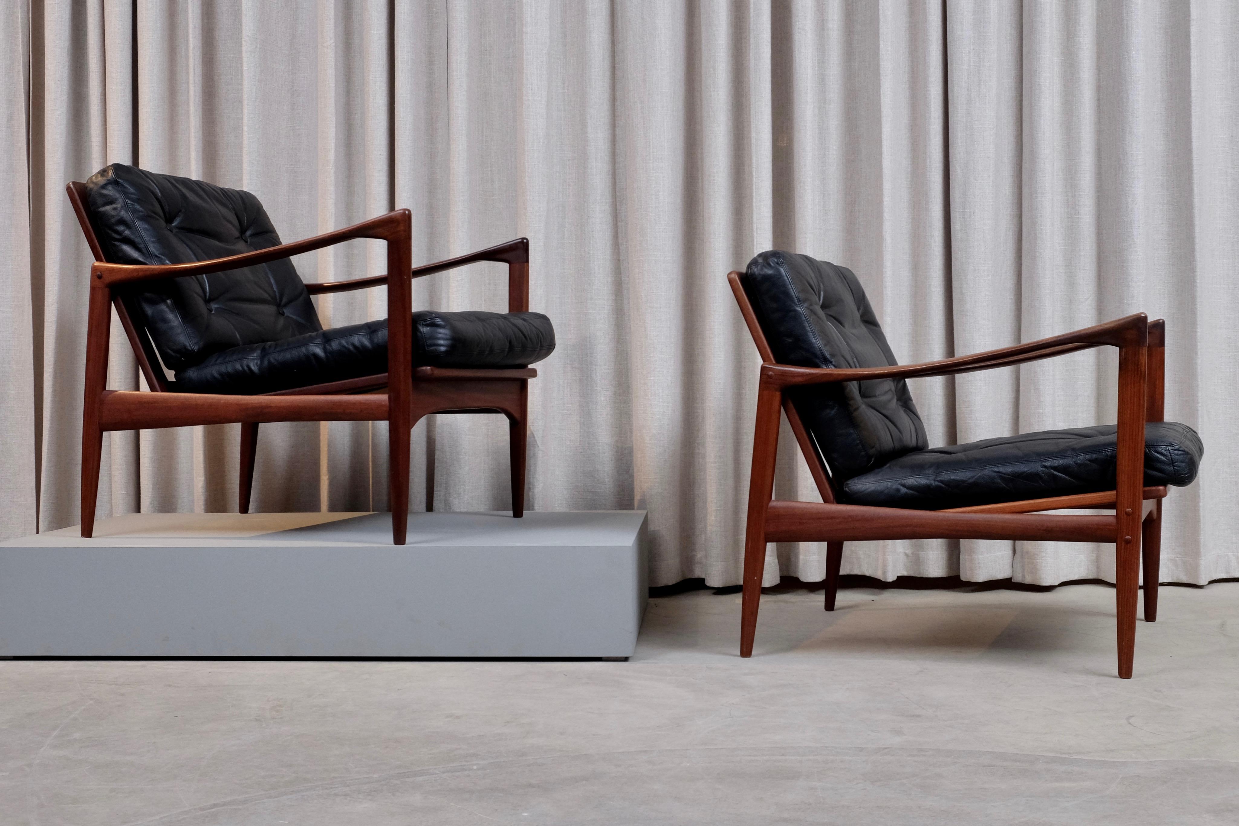 Leather Ib Kofod-Larsen Pair of Easy Chairs Model Kandidaten, 1960s