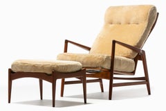 Ib Kofod-Larsen Palomino Sheepskin & Walnut Reclining Lounge Chair & Ottoman
