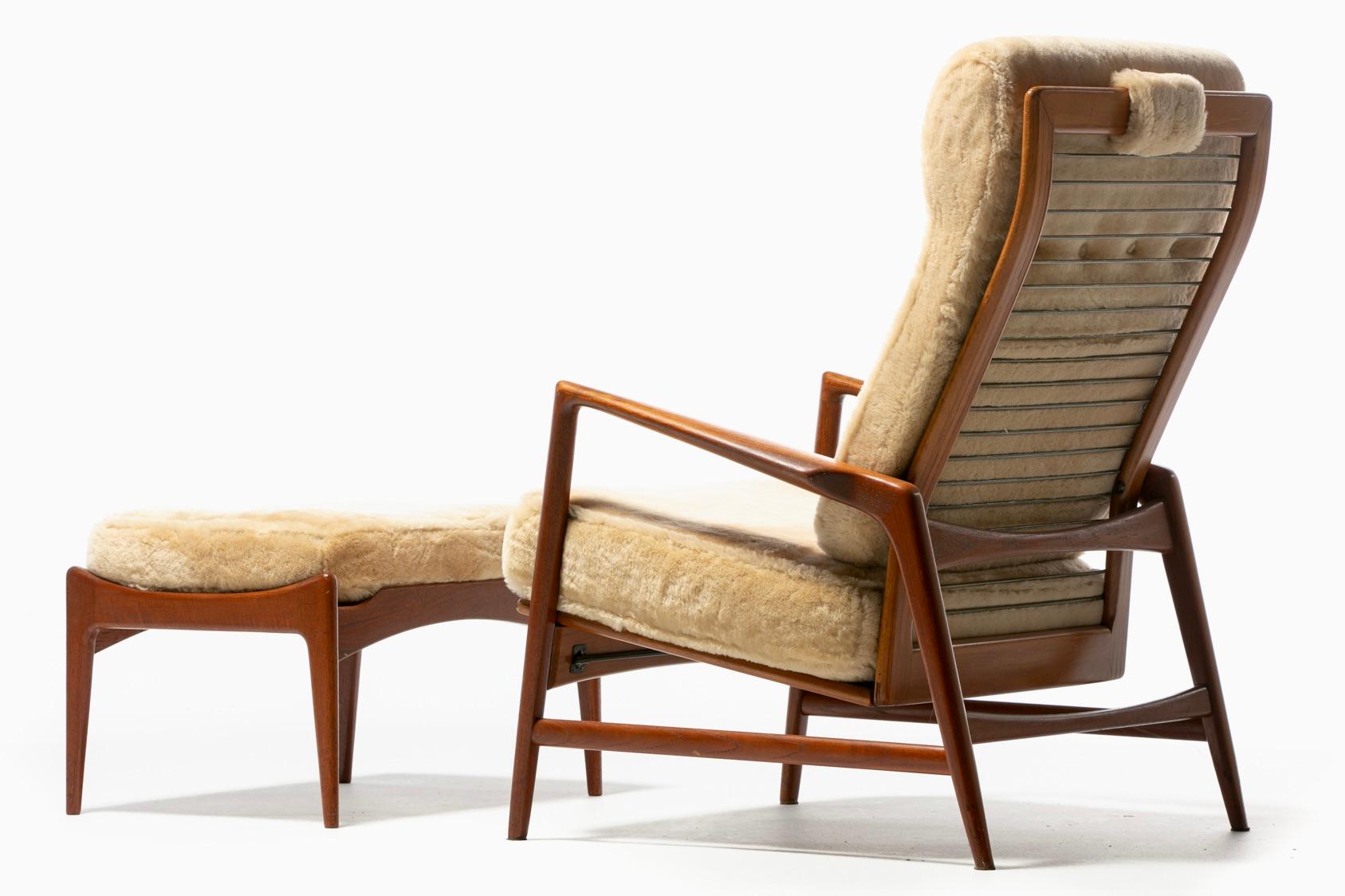 Danish Ib Kofod-Larsen Palomino Sheepskin & Walnut Reclining Lounge Chair & Ottoman 