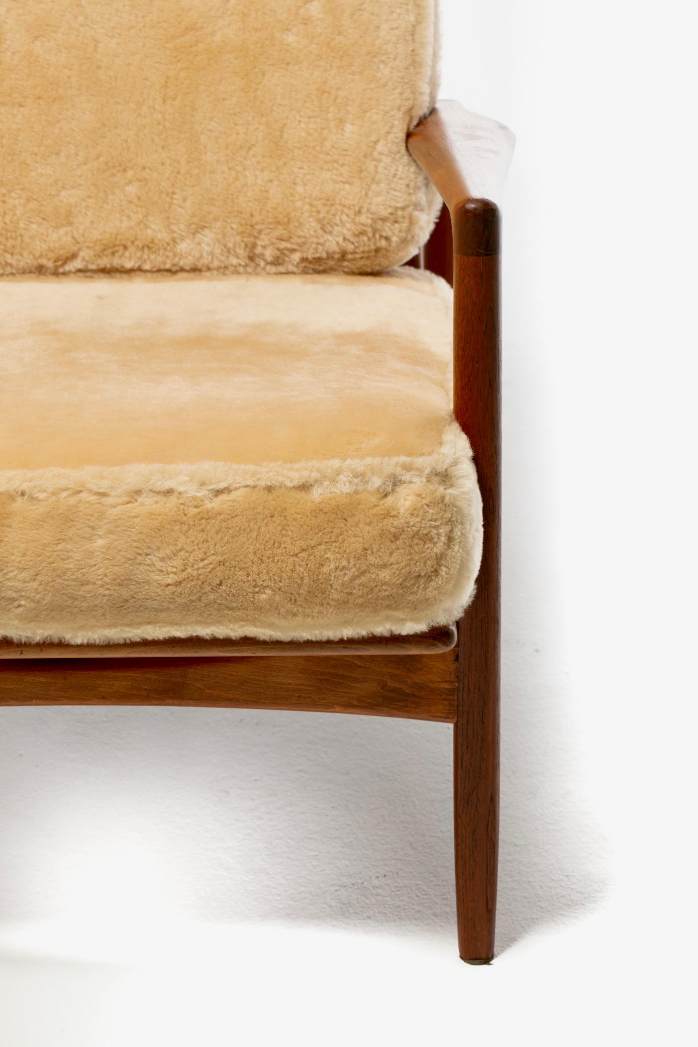 Ib Kofod-Larsen Palomino Sheepskin & Walnut Reclining Lounge Chair & Ottoman  2