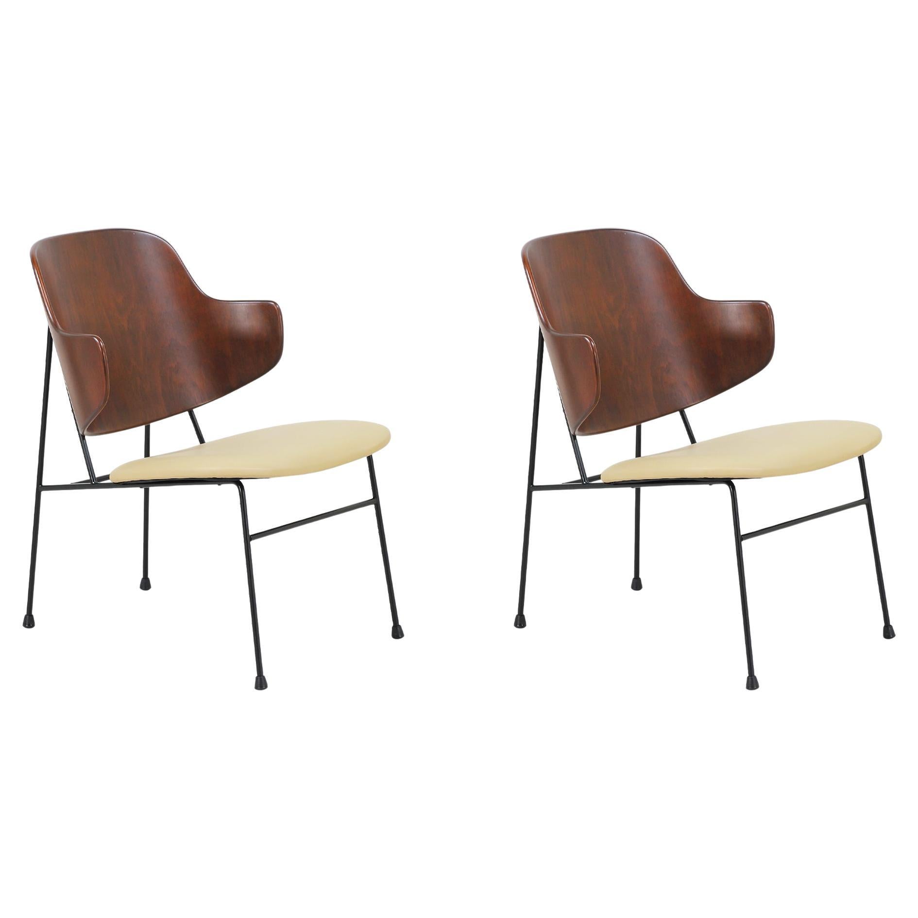 Ib Kofod-Larsen "Penguin" Iron and Leather Lounge Chairs for Selig