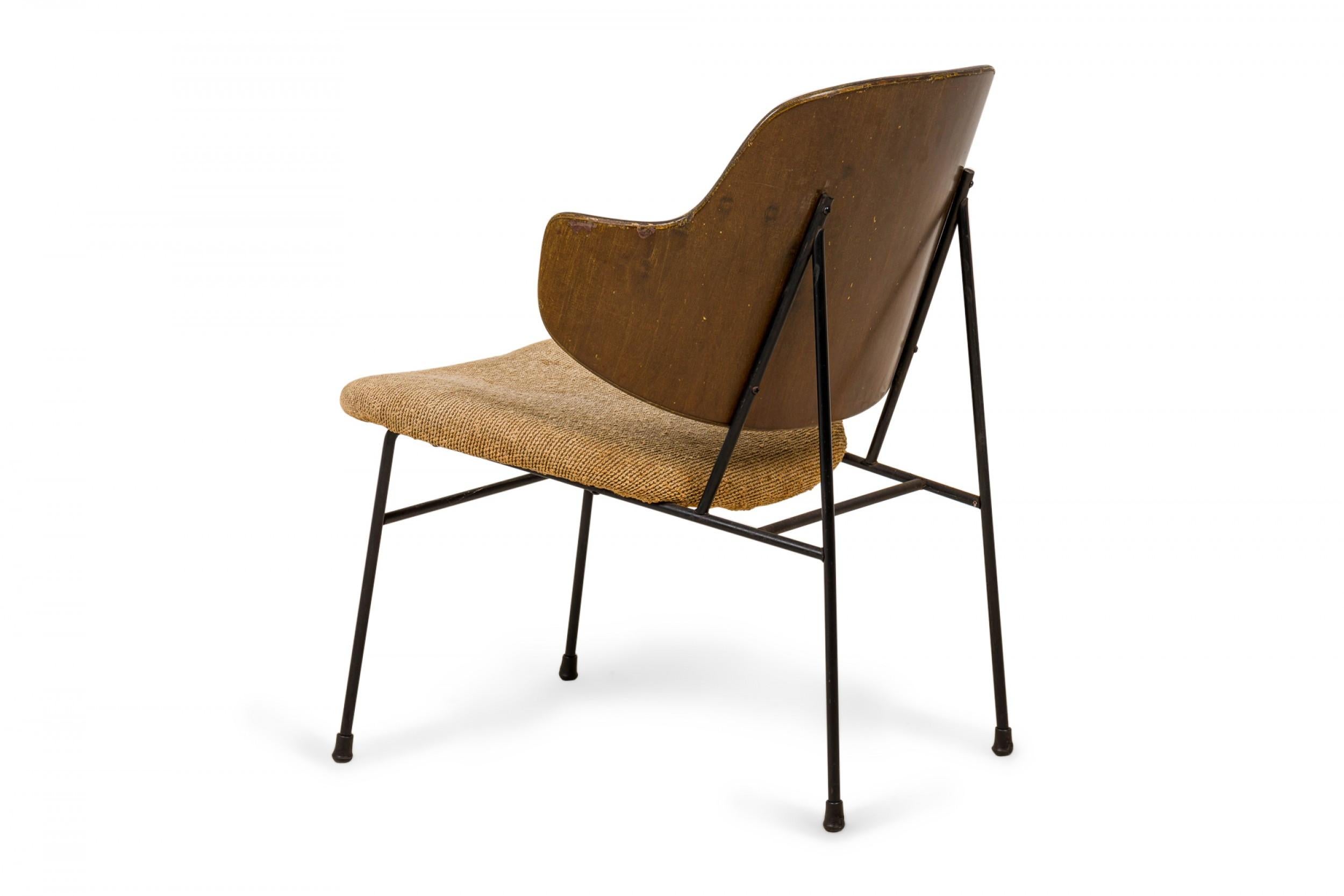 Danish I.B. Kofod Larsen 'Penguin' Wood, Iron and Beige Fabric Upholstered Lounge Chair For Sale