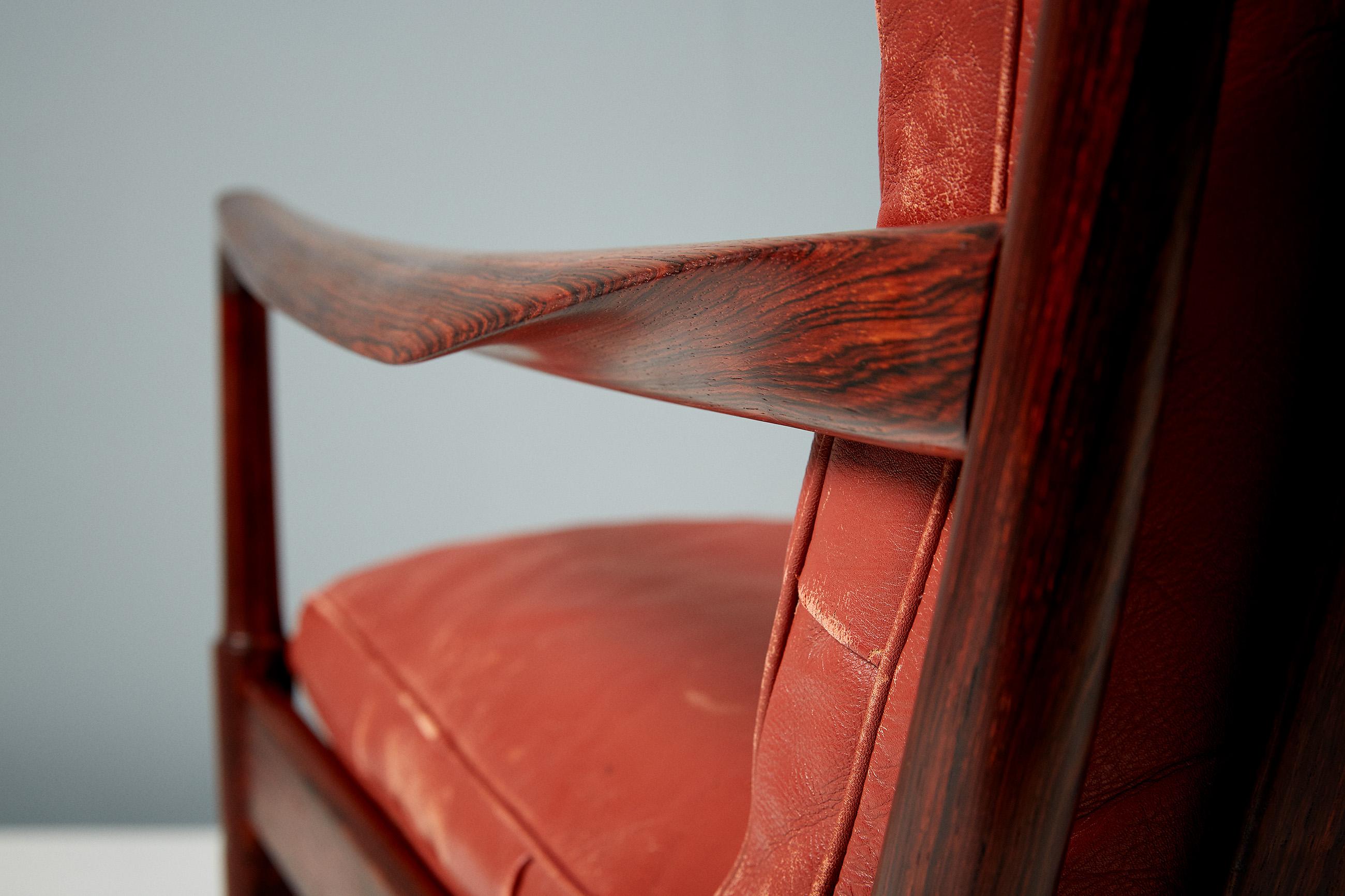 Leather Ib Kofod-Larsen Rosewood Samso Chairs, c1950s