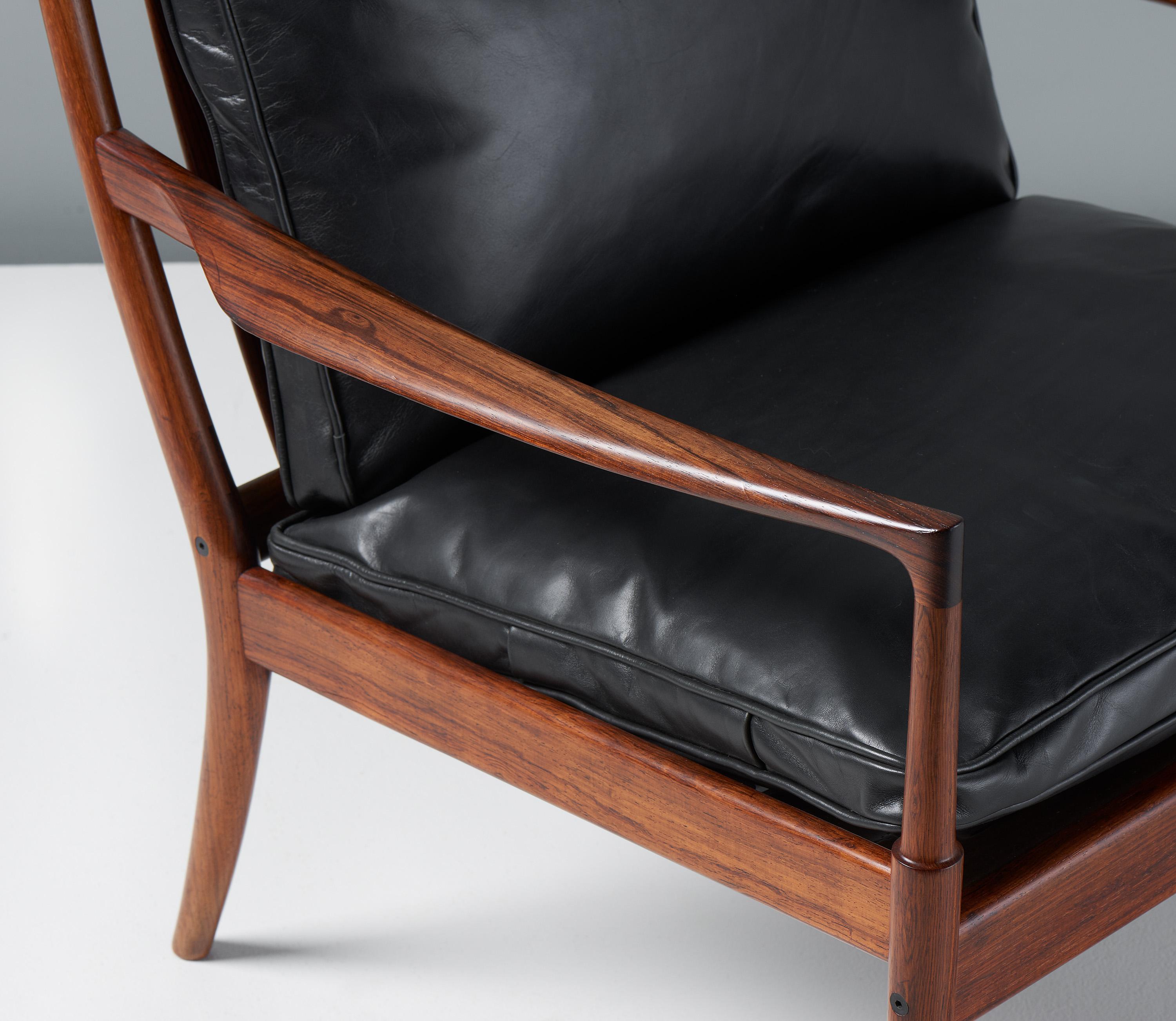 Leather Ib Kofod-Larsen Rosewood Samso Chairs, c1950s For Sale