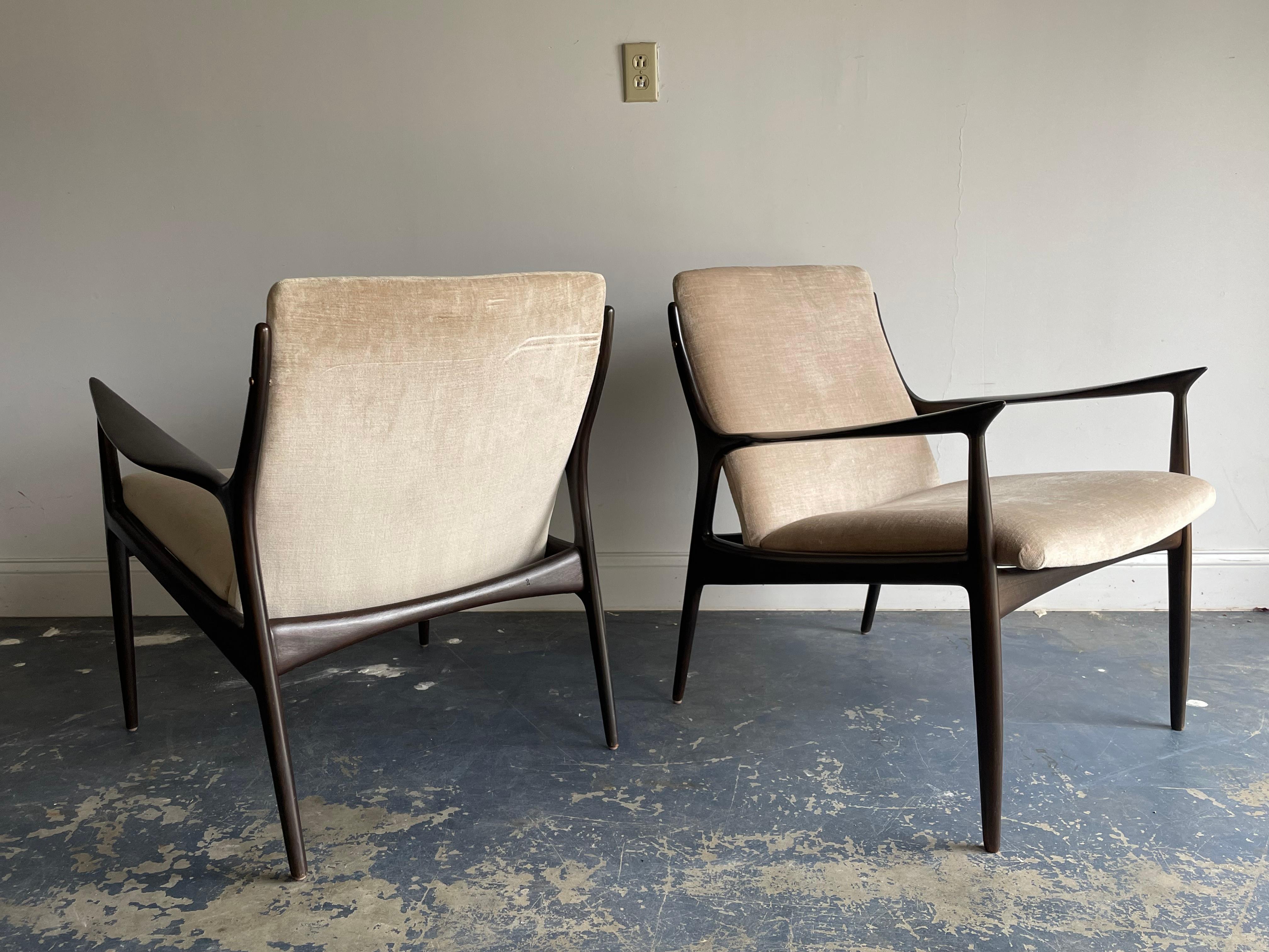 Walnut Ib Kofod Larsen Sculptural Lounge Chairs For Sale