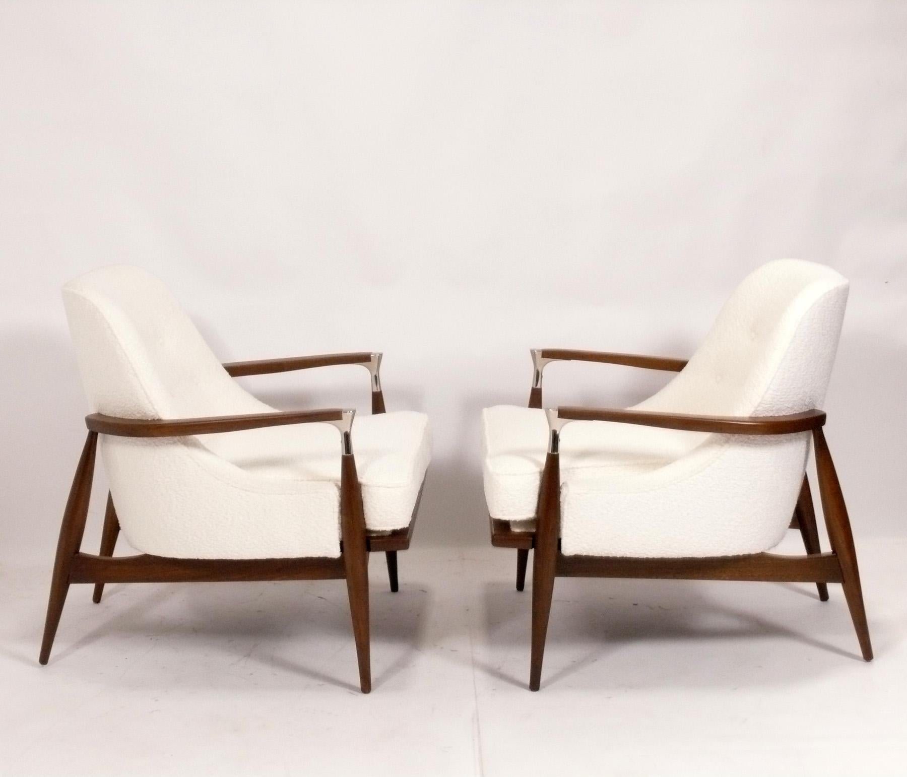 Mid-Century Modern Ib Kofod Larsen Style Lounge Chairs Refinished & Reupholstered in Ivory Boucle  For Sale
