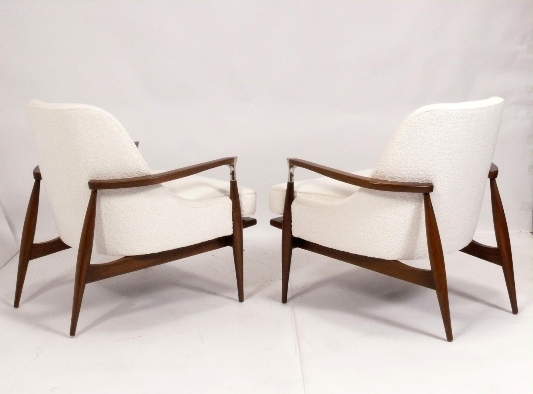 Danish Ib Kofod Larsen Style Lounge Chairs Refinished & Reupholstered in Ivory Boucle  For Sale