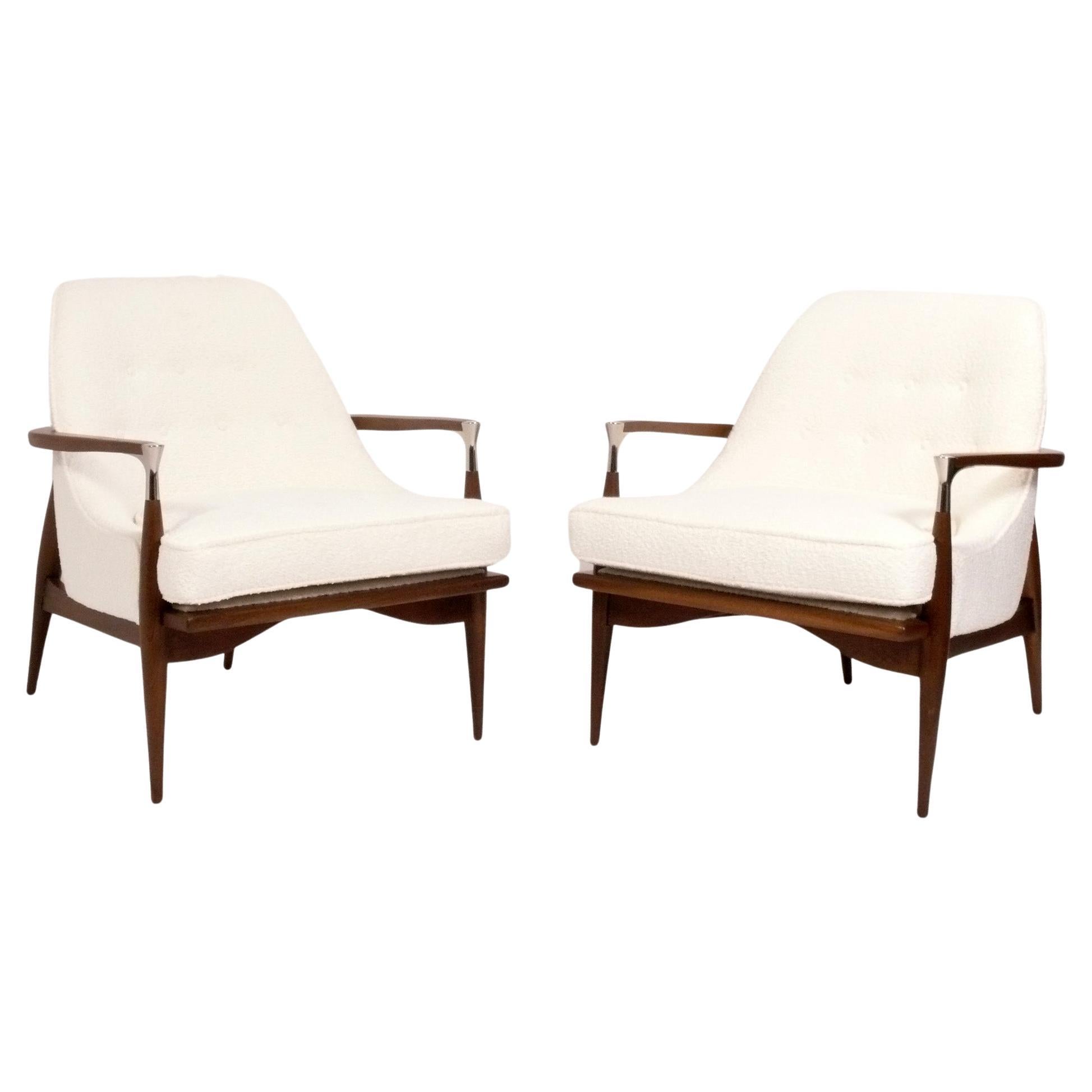 Ib Kofod Larsen Style Lounge Chairs Refinished & Reupholstered in Ivory Boucle  For Sale