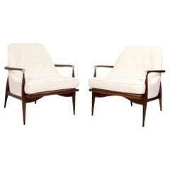 Ib Kofod Larsen Style Lounge Chairs Refinished & Reupholstered in Ivory Boucle 