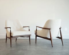 IB Kofod-Larsen Style Modern Lounge Chairs in Walnut & Bouclé, C. 1950s