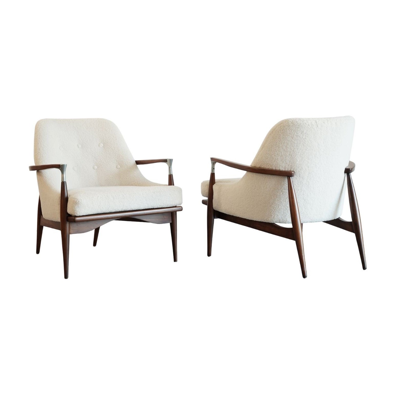 IB Kofod-Larsen Style Modern Lounge Chairs in Walnut & Bouclé, C. 1950s