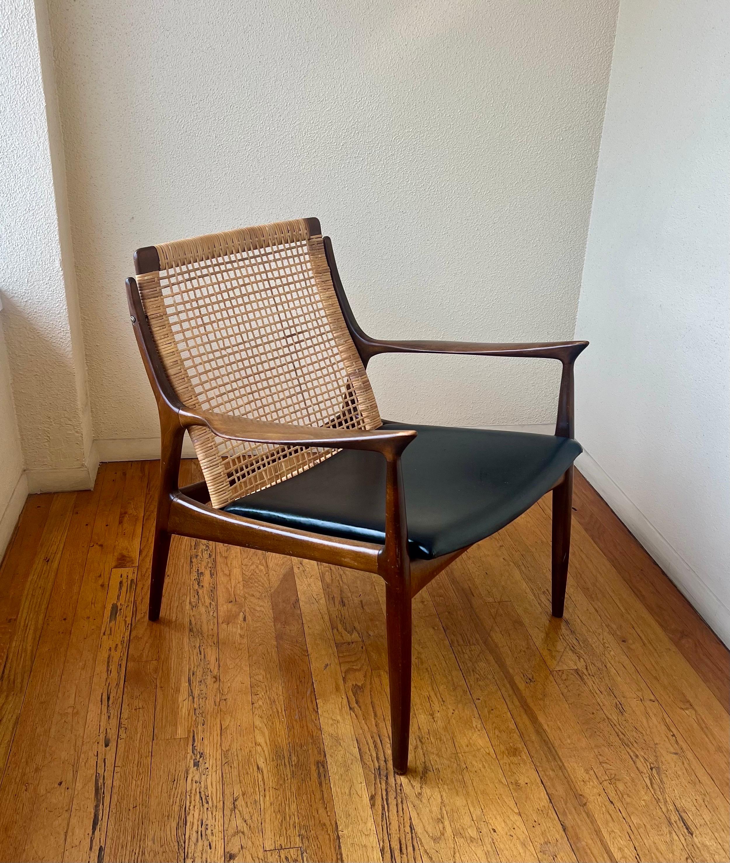 Ib Kofod Larsen Walnut Cane Back Midcentury Danish Lounge Armchair In Good Condition In San Diego, CA