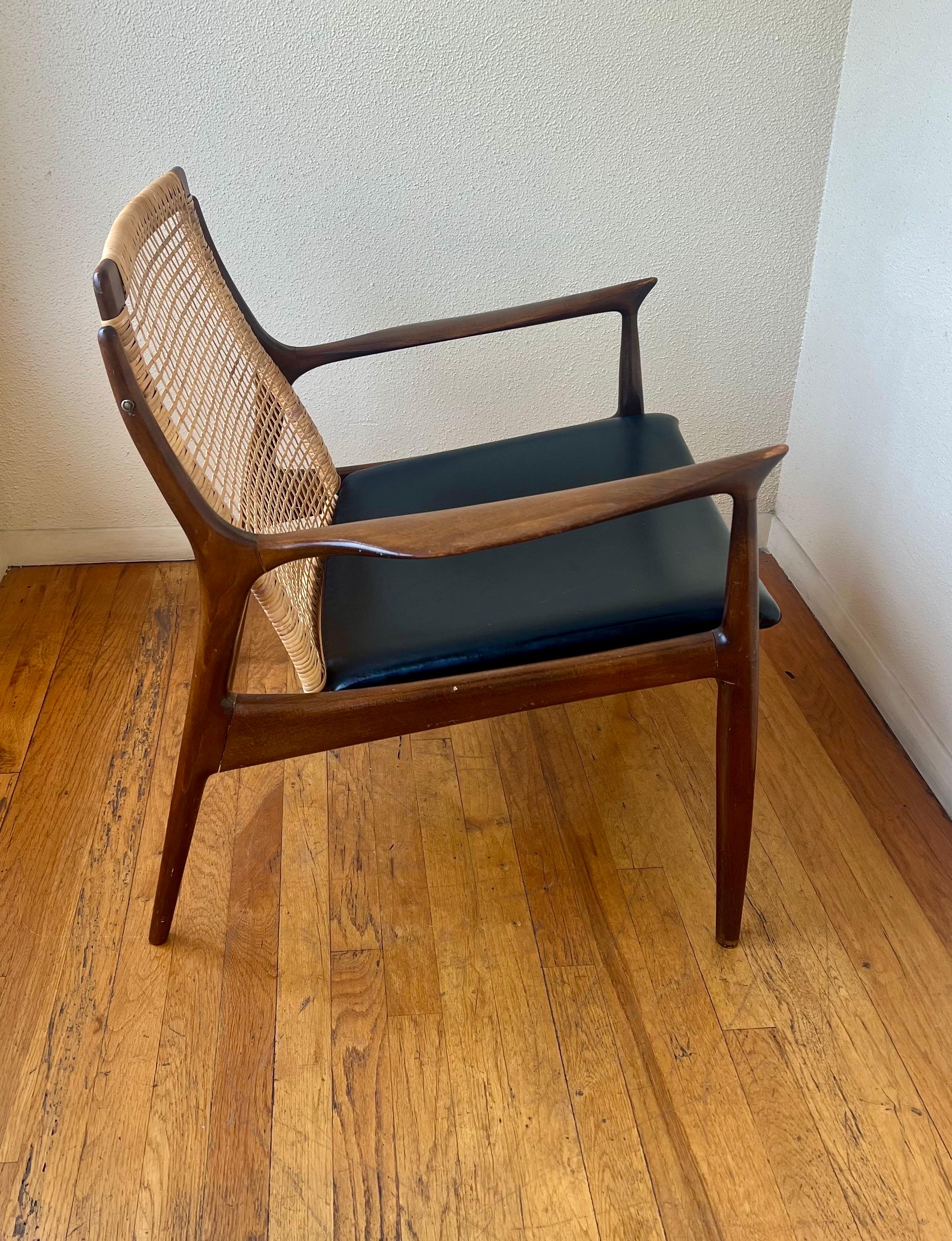 20th Century Ib Kofod Larsen Walnut Cane Back Midcentury Danish Lounge Armchair