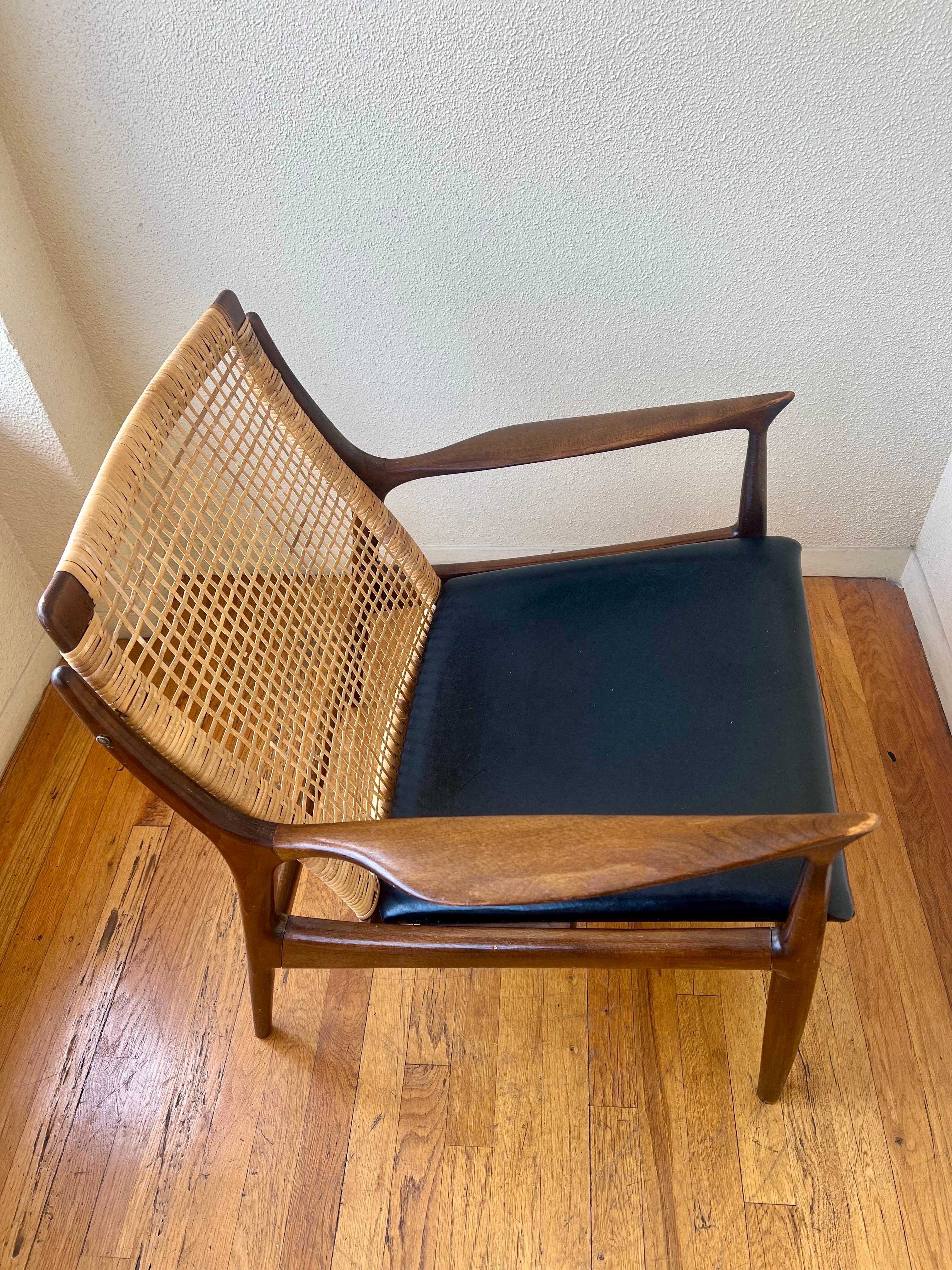 Naugahyde Ib Kofod Larsen Walnut Cane Back Midcentury Danish Lounge Armchair
