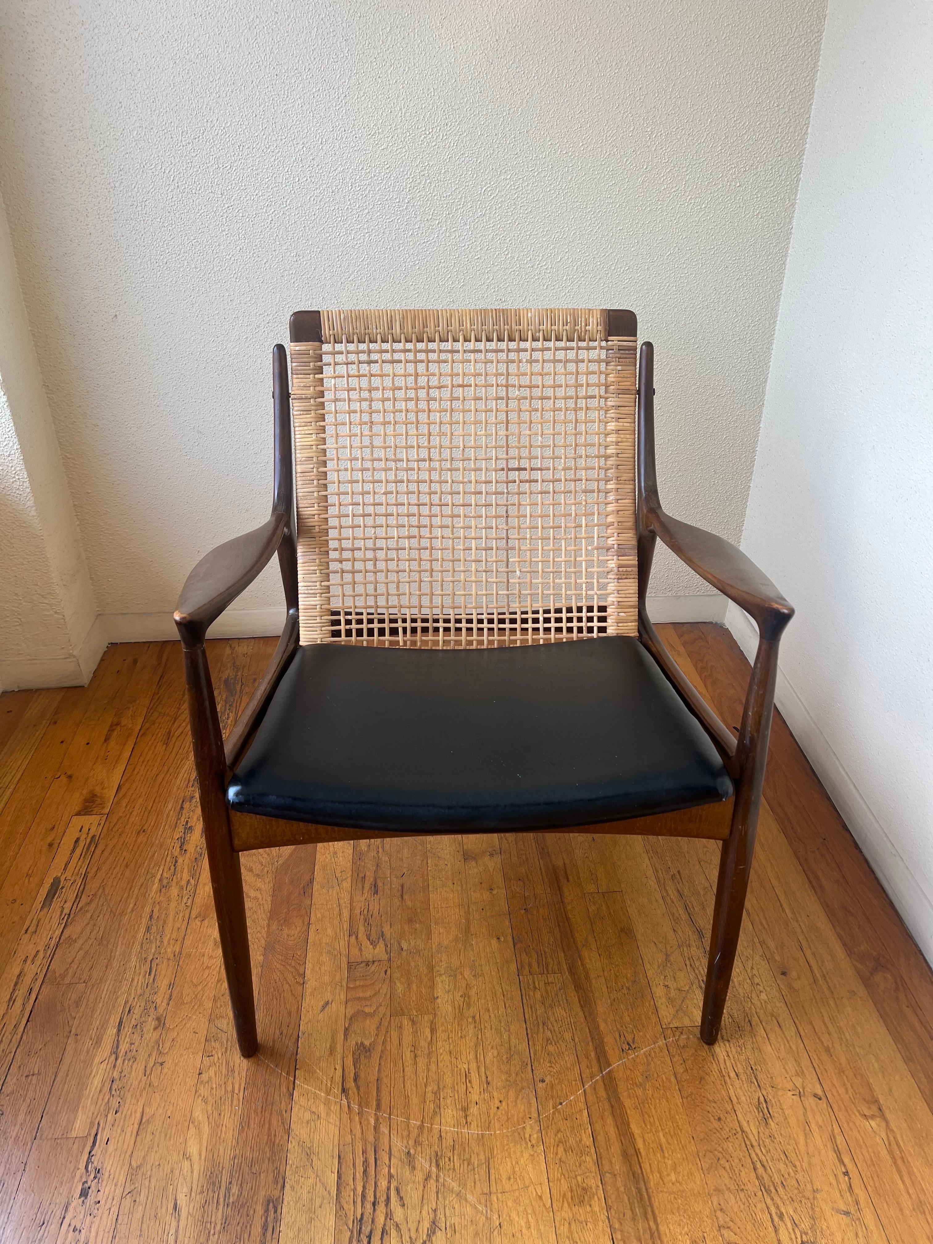 Ib Kofod Larsen Walnut Cane Back Midcentury Danish Lounge Armchair 1