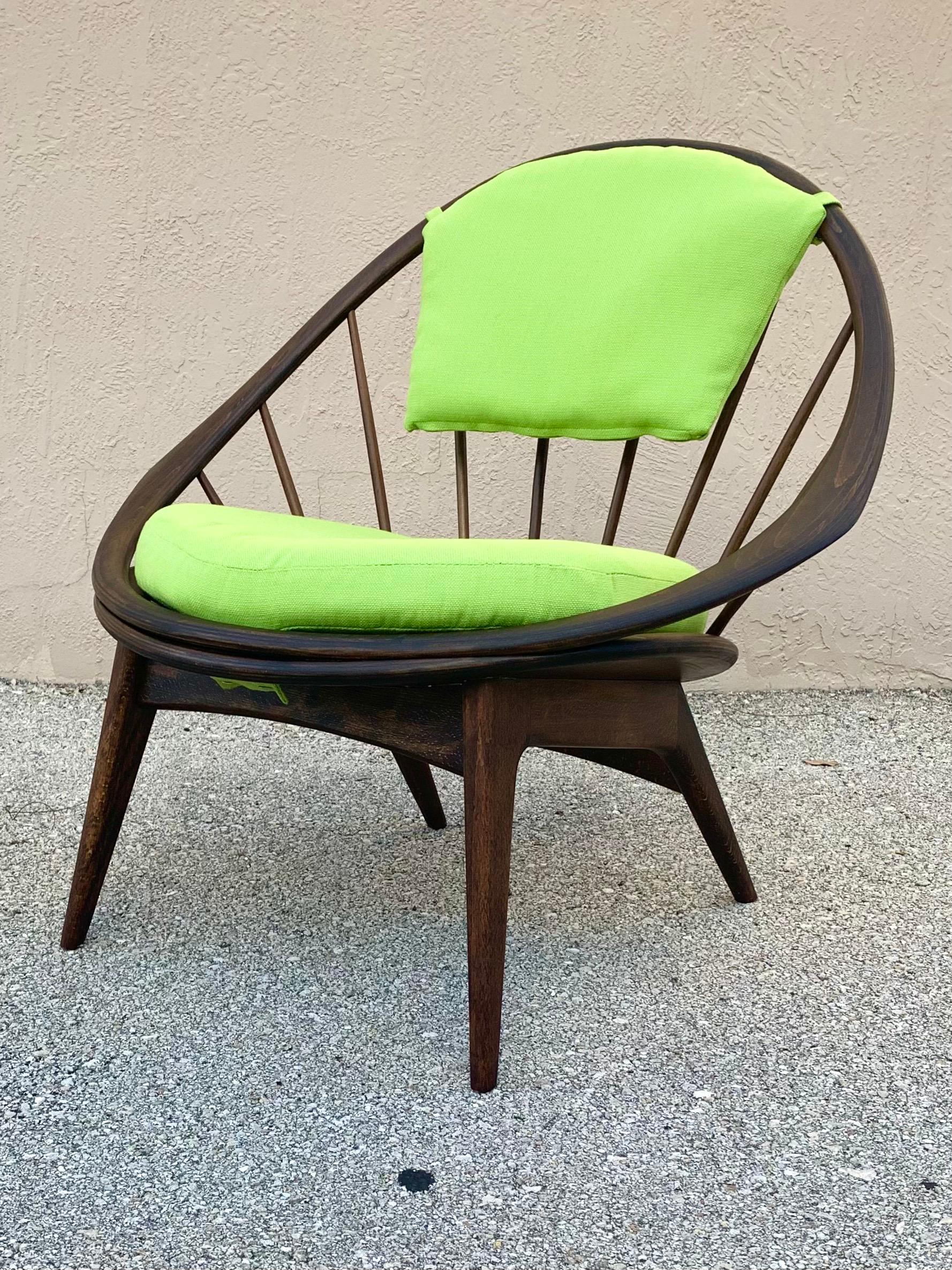 Danish IB Kofod Larsen Walnut Hoop Chair, Green Upholstery For Sale