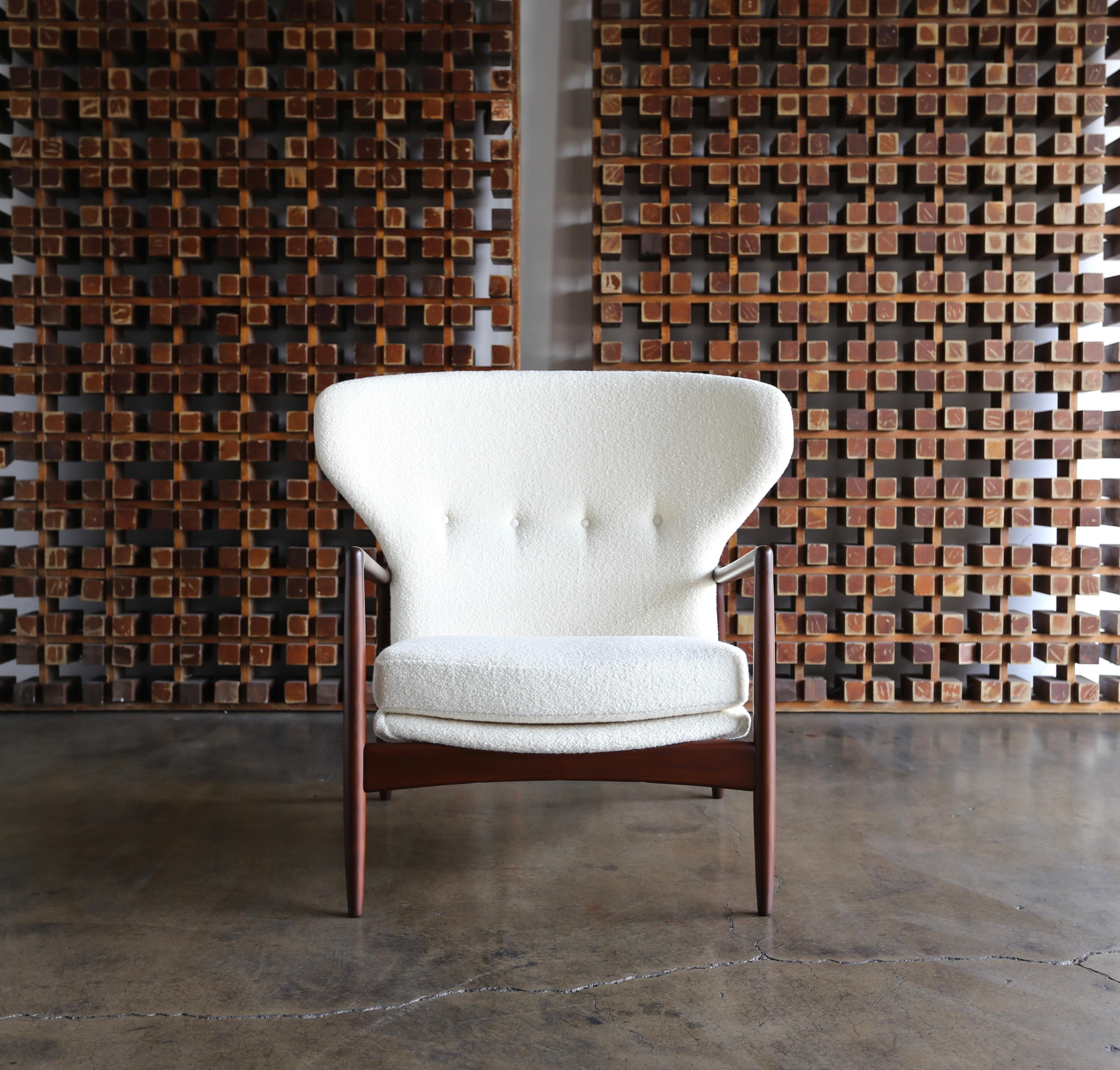 Ib Kofod-Larsen wingback lounge for Selig, circa 1965. This piece has been professionally restored. Upholstered in holly hunt boucle.