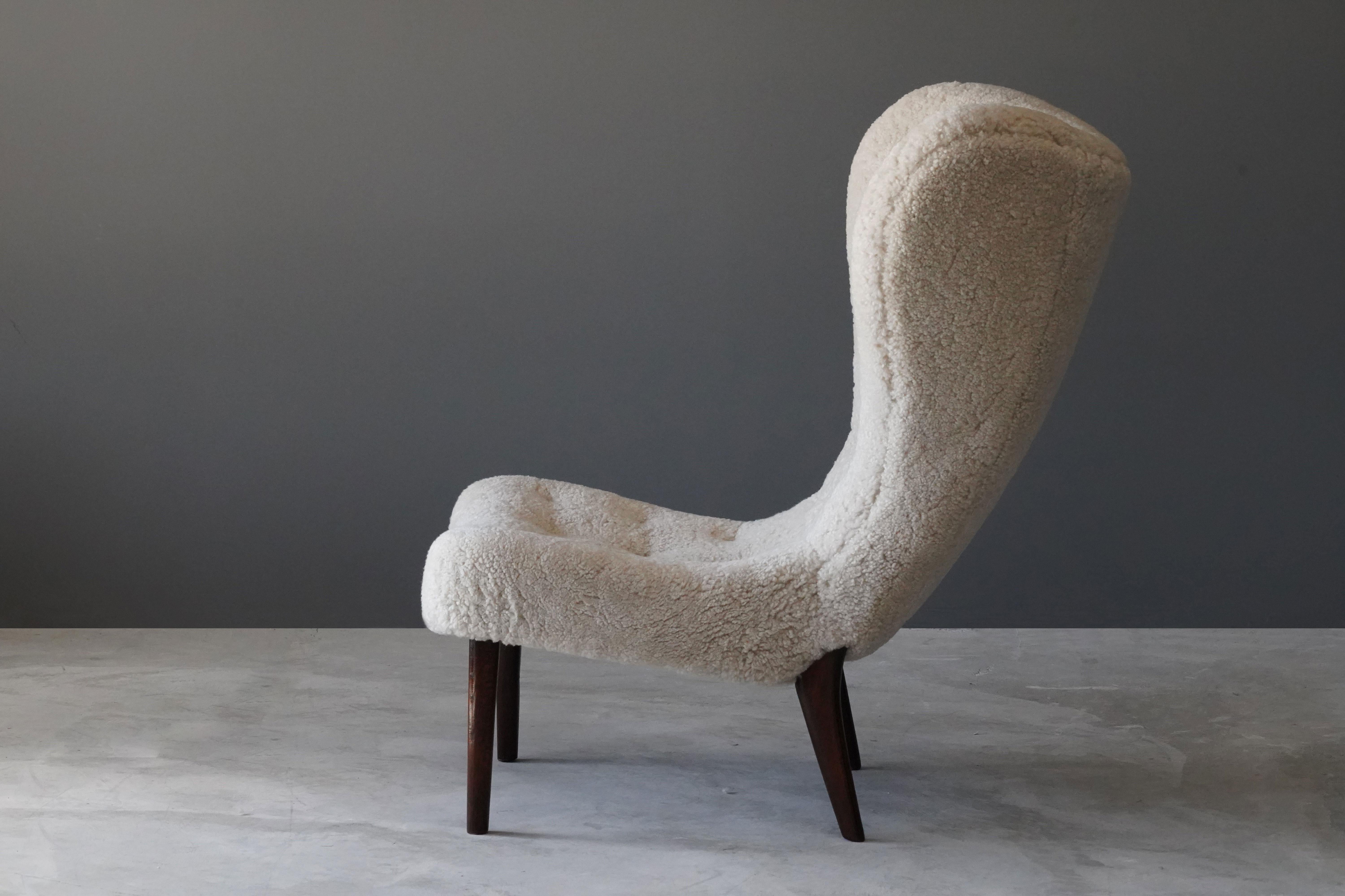 Scandinavian Modern Ib Madsen & Acton Schubell, Lounge Chair, Sheepskin, Teak, Beech, Denmark, 1950s