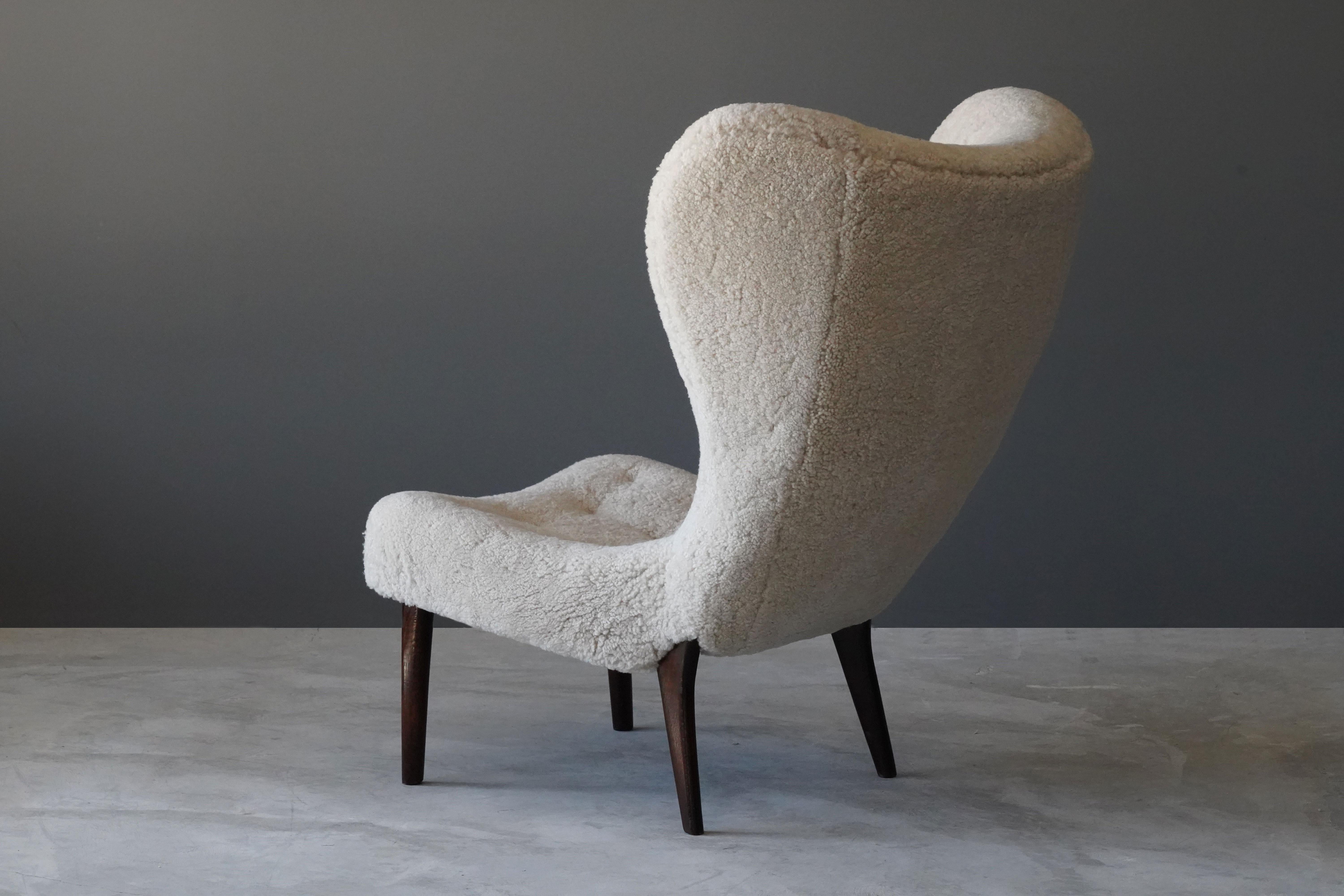 Danish Ib Madsen & Acton Schubell, Lounge Chair, Sheepskin, Teak, Beech, Denmark, 1950s