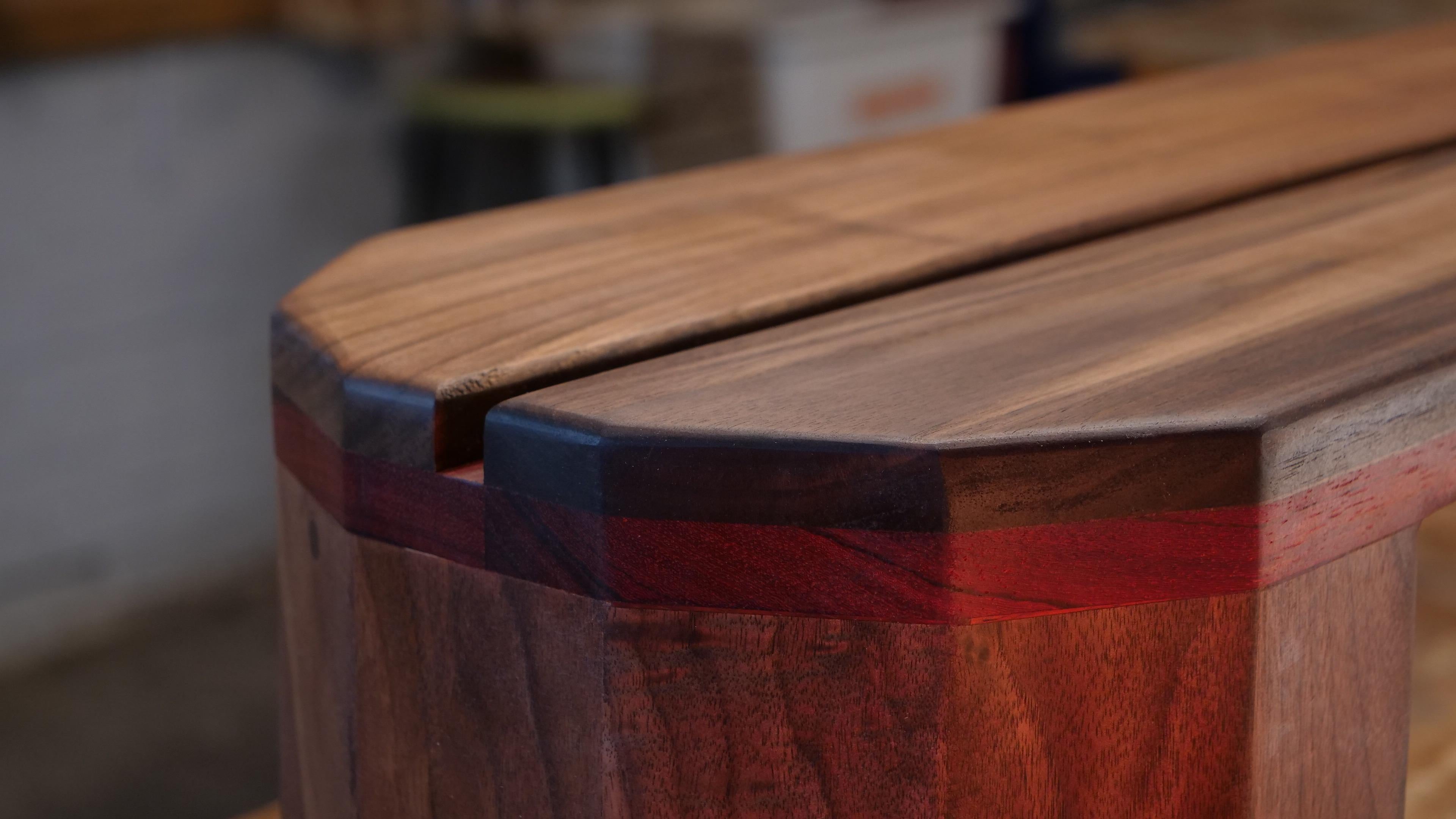 Contemporary Solid Walnut Bench with Full Padauk Wood Bottom For Sale