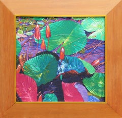 Vintage Jewel Toned Contemporary Tropical Foliage Painting of Night Blooming Waterlilies