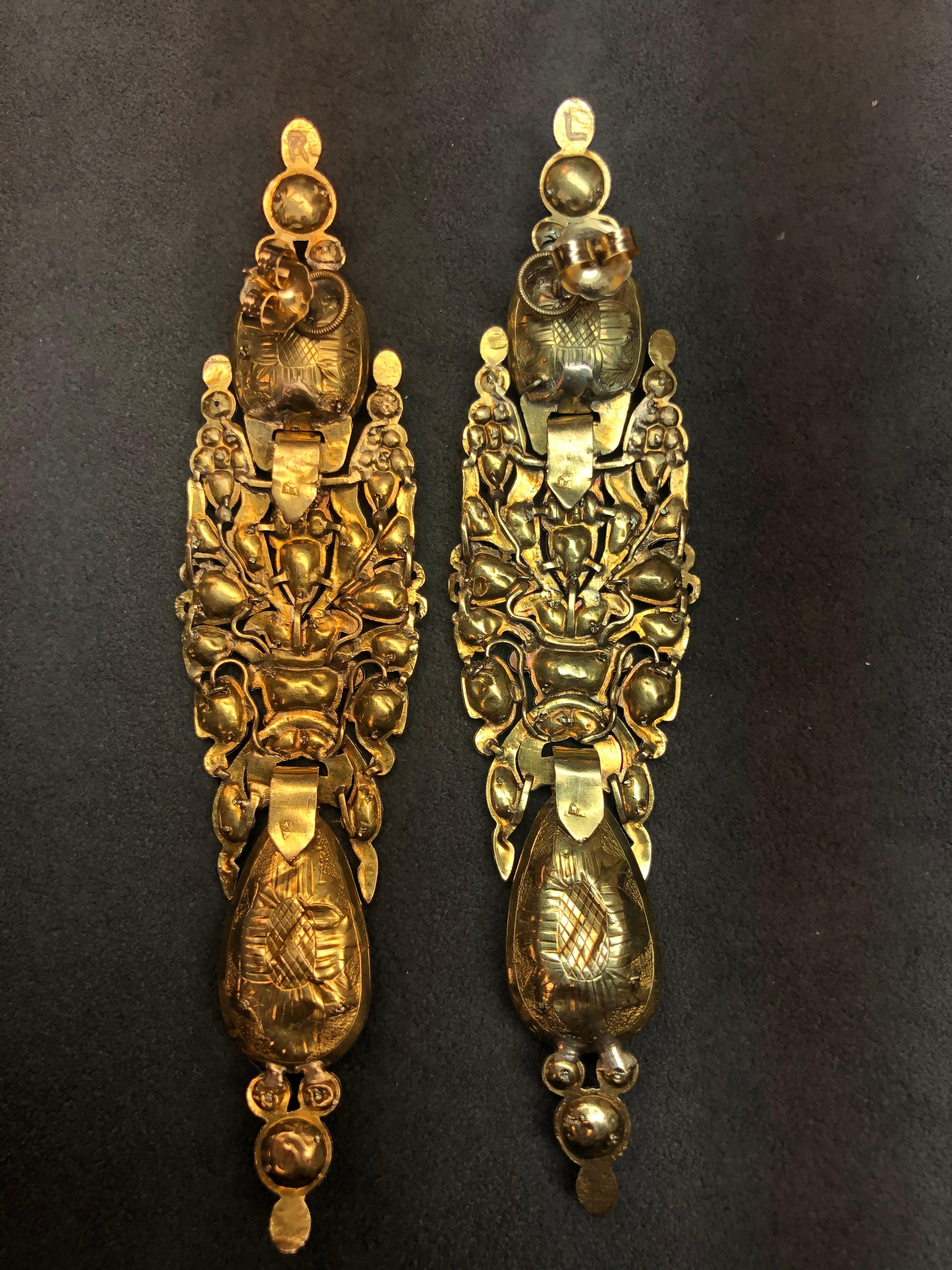 Georgian Iberian Amethyst Yellow Gold Long Pendant Earrings