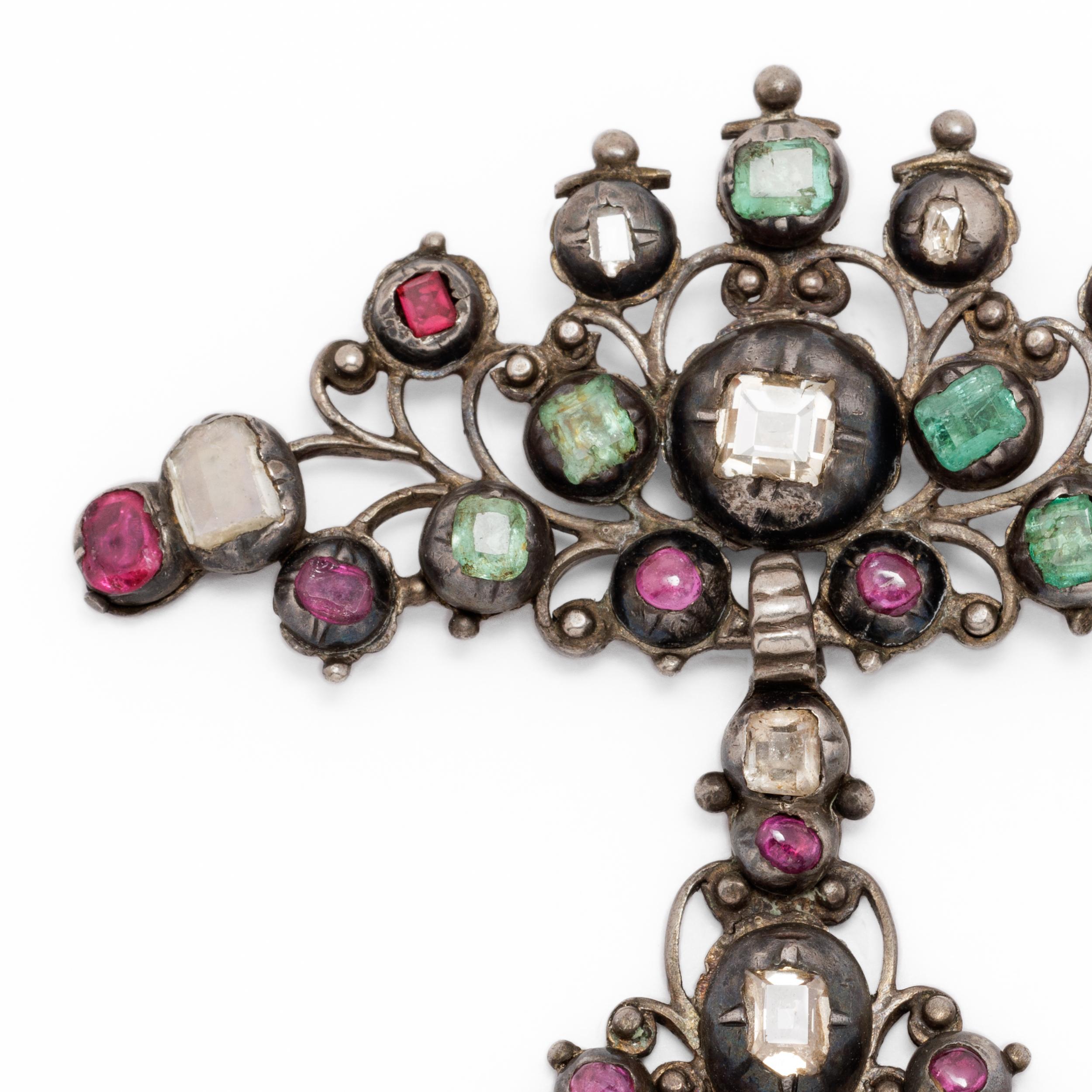Uncut Iberian Peninsula 17th Century Cross Table Cut Diamonds Colombian Emerald Pendan For Sale