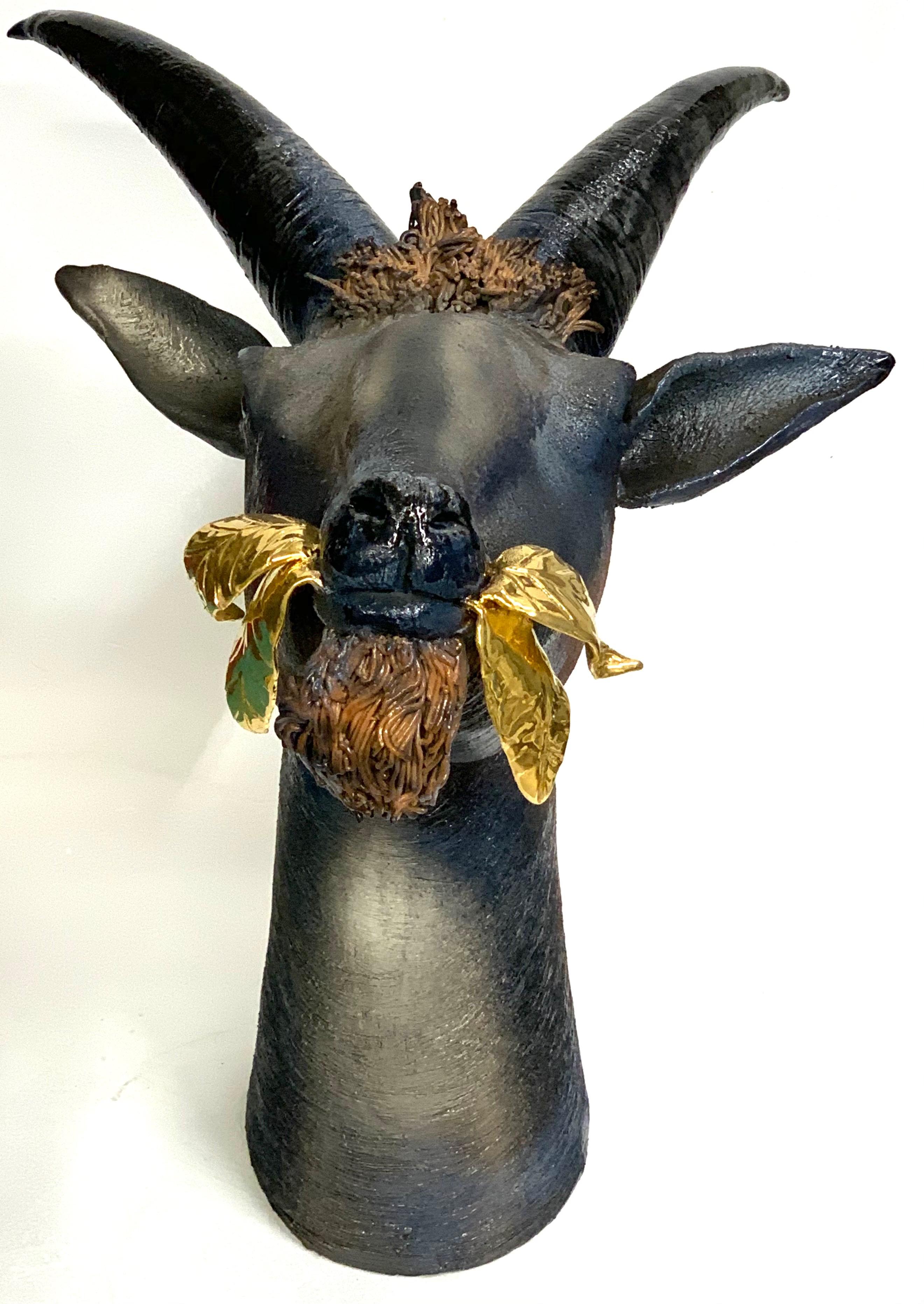 Italian Ibex Animal Ceramic and Gold Leaf Centerpiece, Handmade Design in Ital, 2021 For Sale