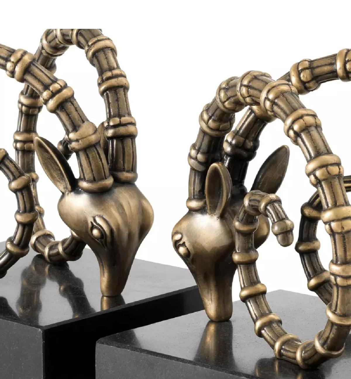 German Ibex Bookends Polished Brass and Granite after Alain Chervet For Sale
