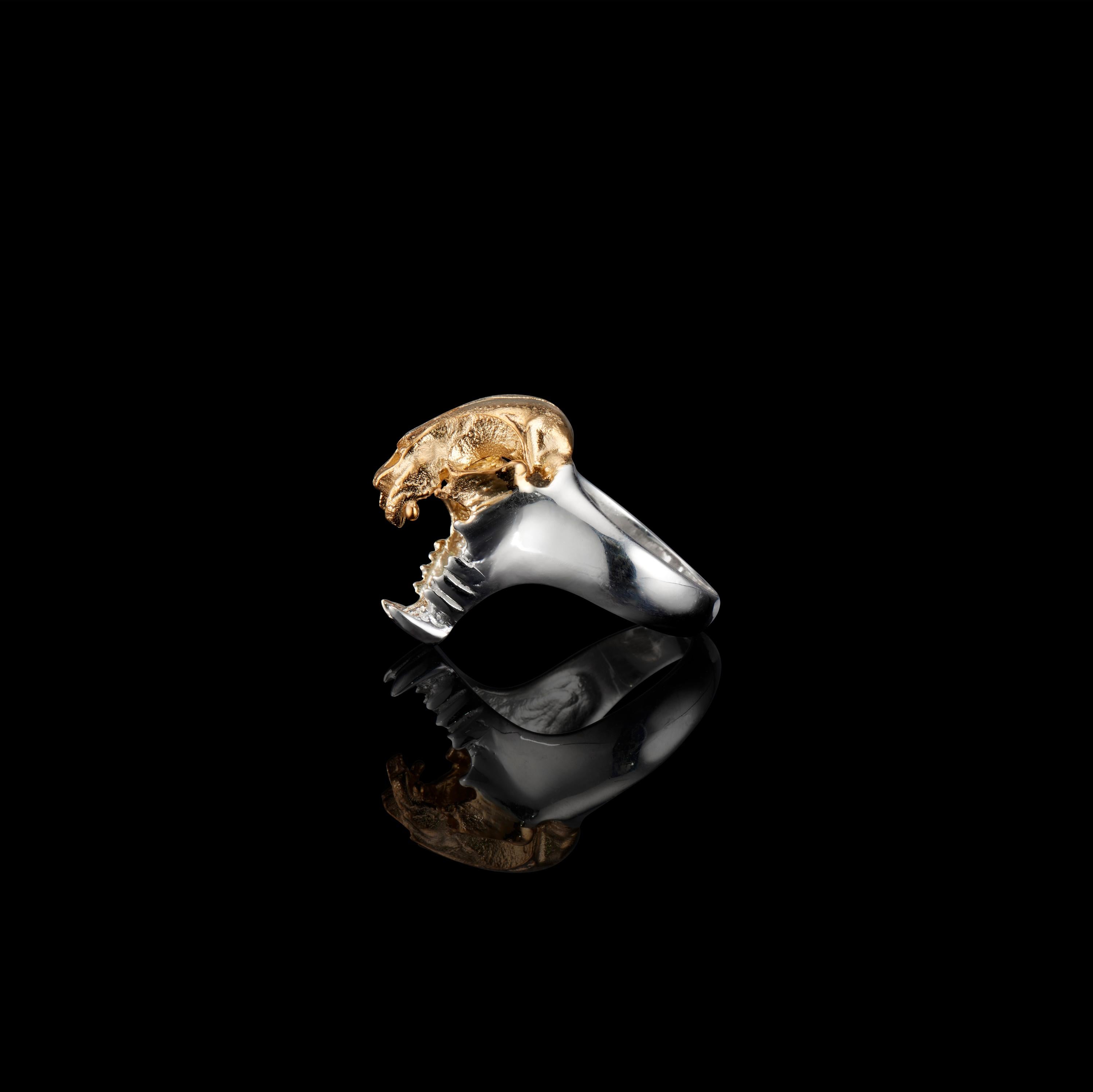 Artisan Ibibio Skull Ring in 18k Gold and Sterling Silver by Egbo Collections For Sale