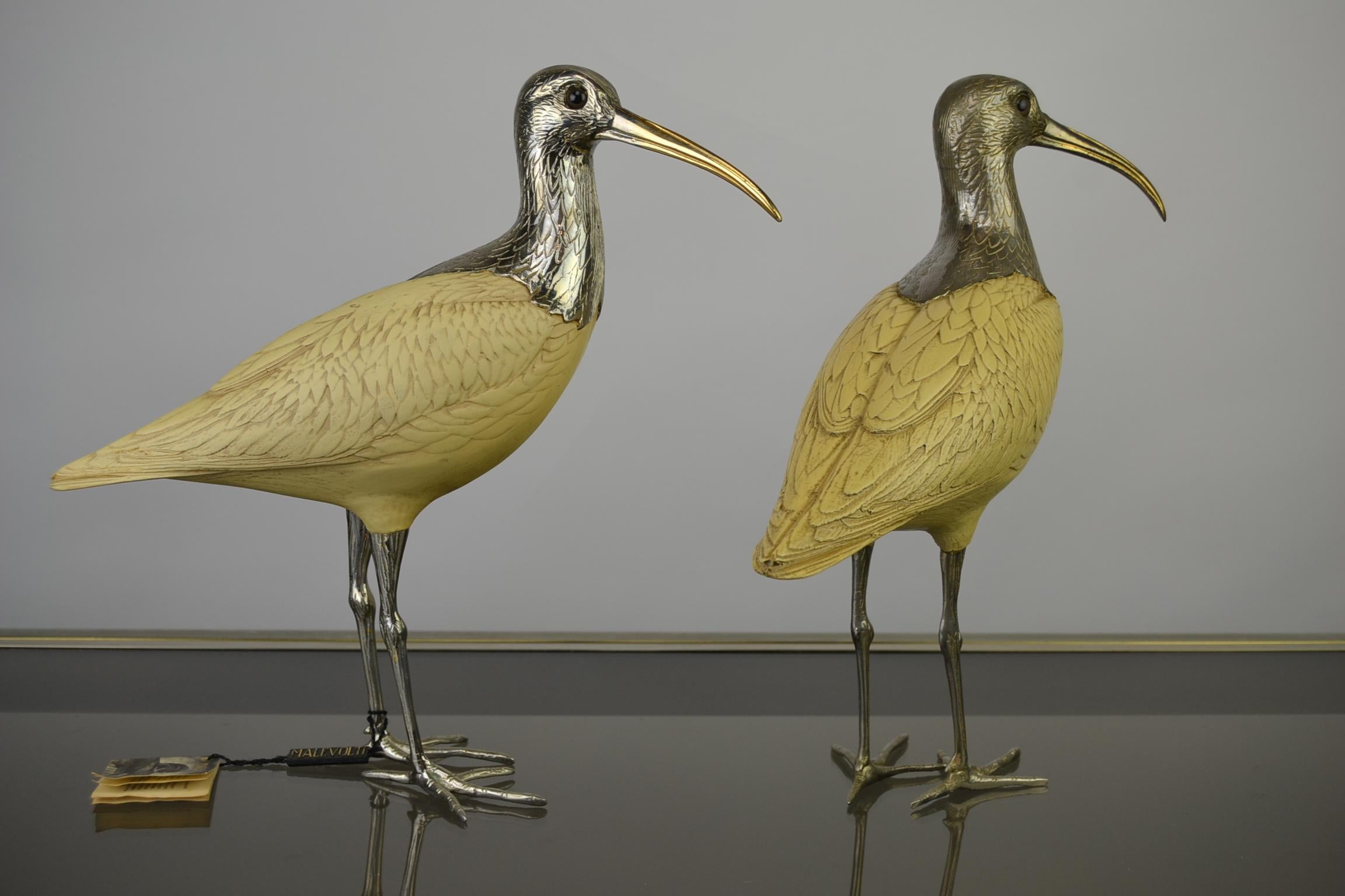 Hollywood Regency Ibis Bird Sculptures, Malevolti Italy, Silvered Metal and Resin, 1950s