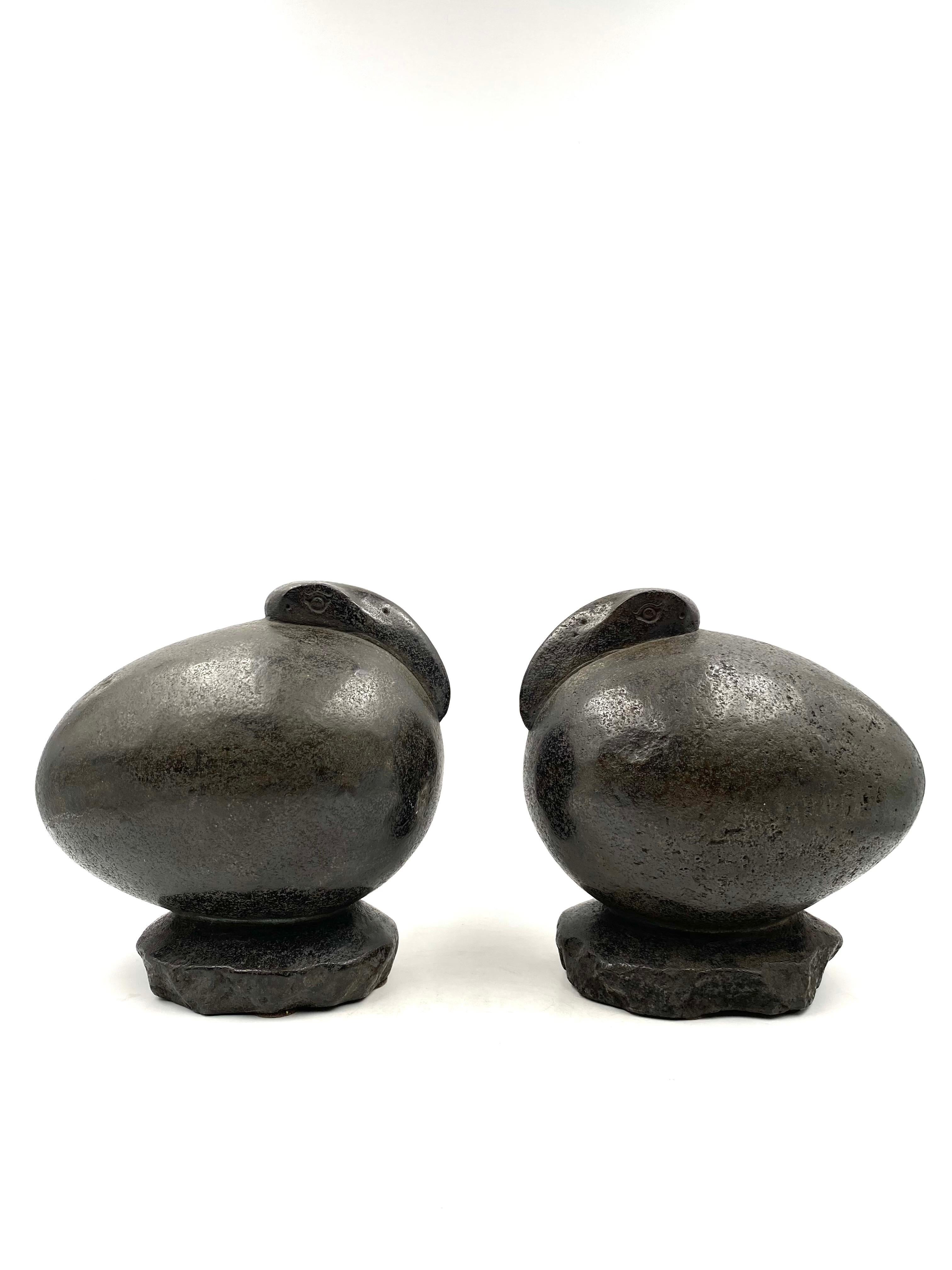 Stone Ibis Birds, Pair of Basalt Ovoid Sculptures, France Early 20th Century