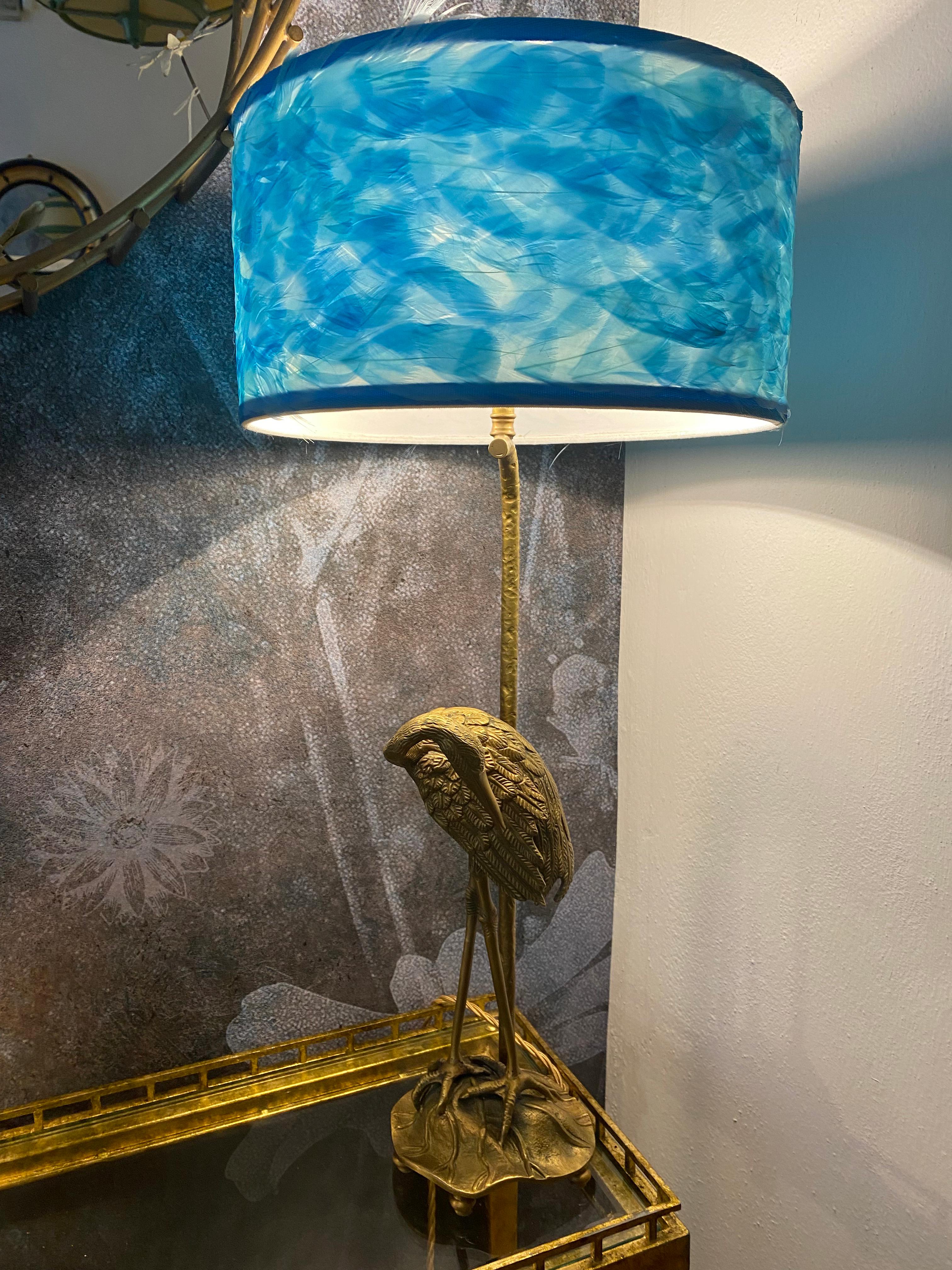 Art Deco Fauna light blue feathers ibis lampshade table lamp For Sale