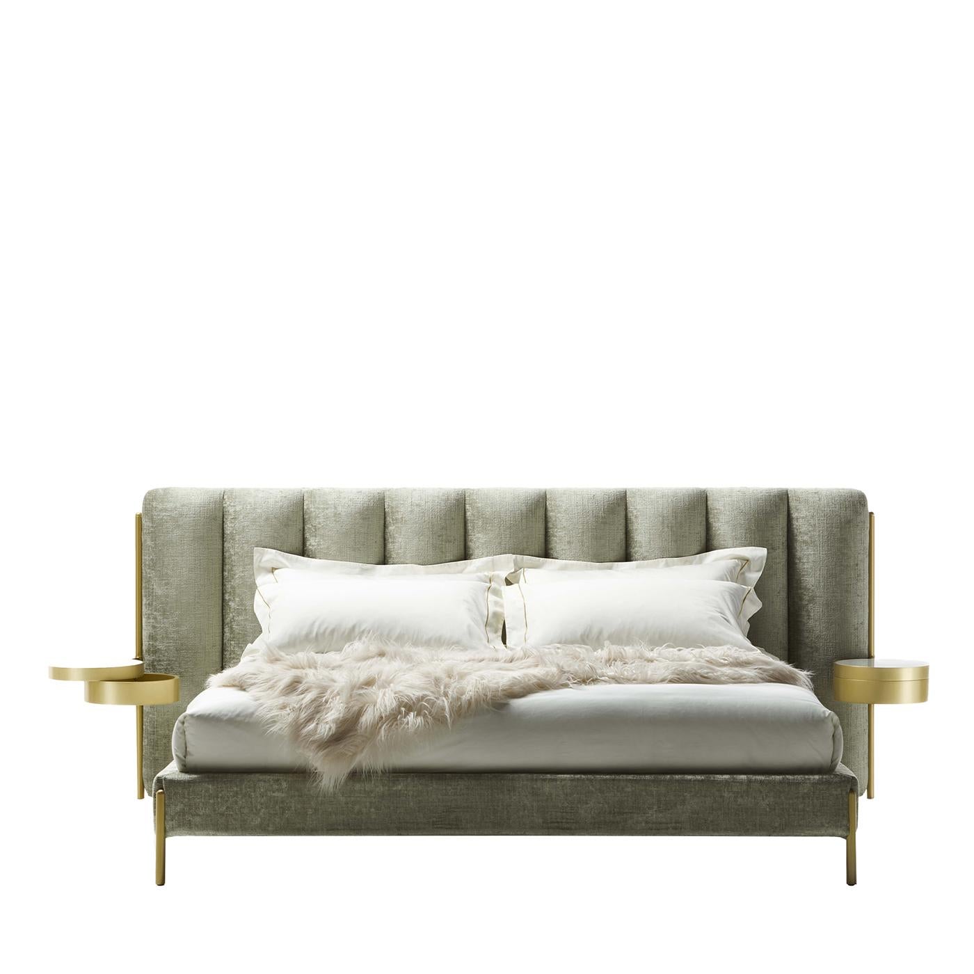 Textile Ibisco Channeled Sage-Green Fabric Double Bed by Black Tie For Sale