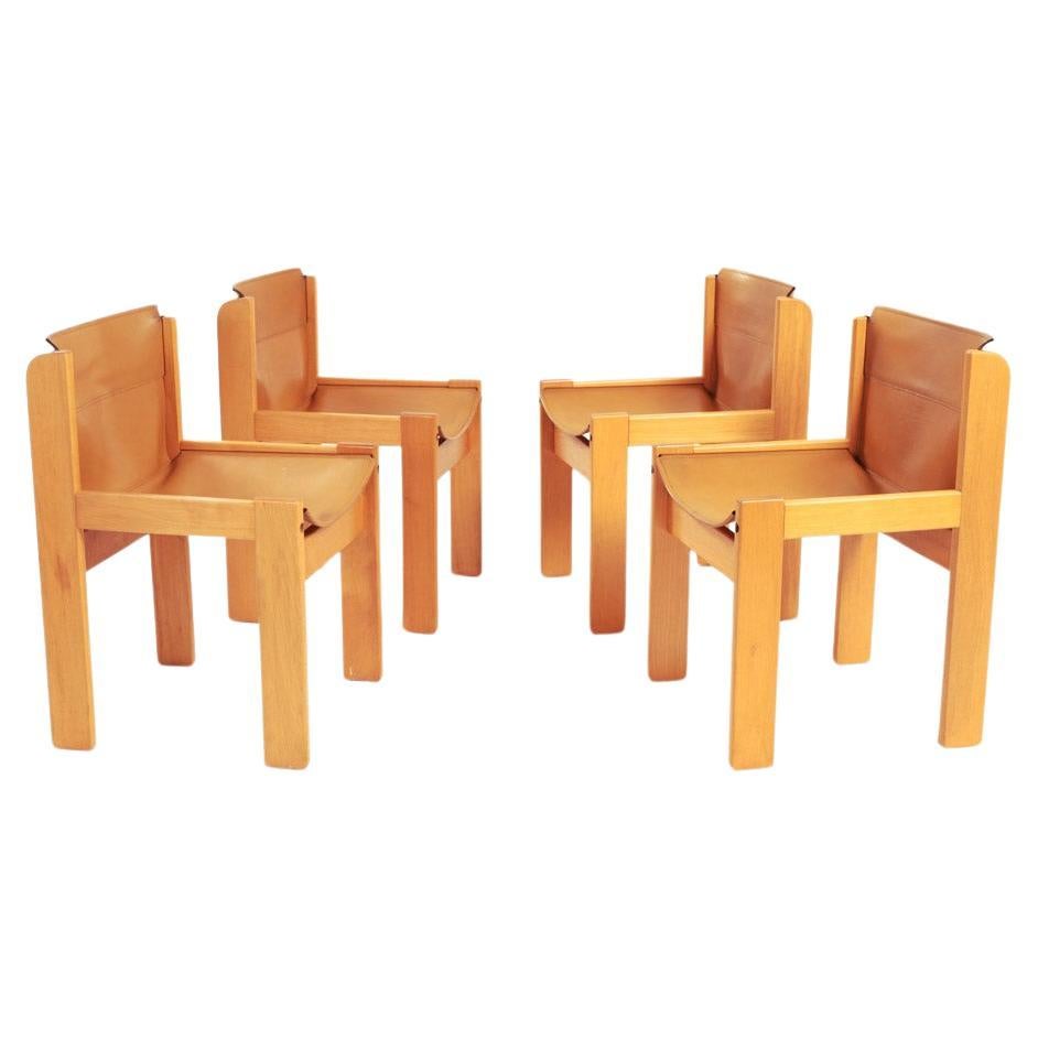 Ibisco Italian hideleather dining sling chairs in brandy colour, 1970s 