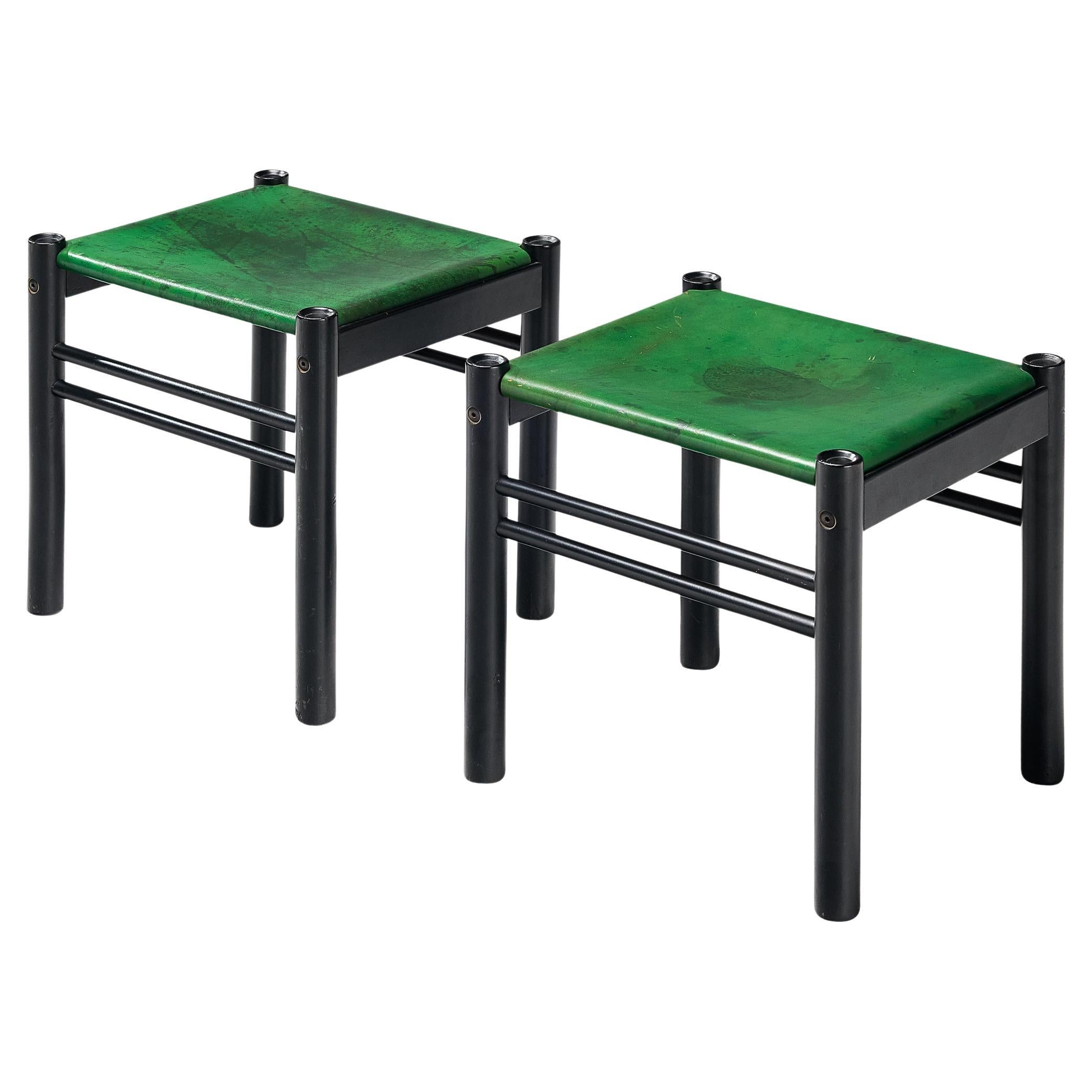 Ibisco Italian Pair of Stools in Green Leather 