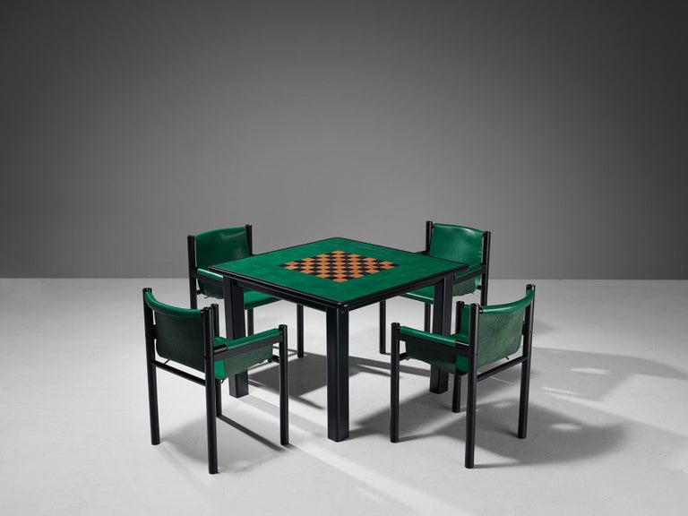 Post-Modern Ibisco Italian Set of Game Table and Four Armchairs in Green Leather