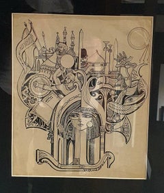 "Egittologia" Pittura figurativa di 11" x 9" pollici (1987) di Ibrahim Abd Elmalak