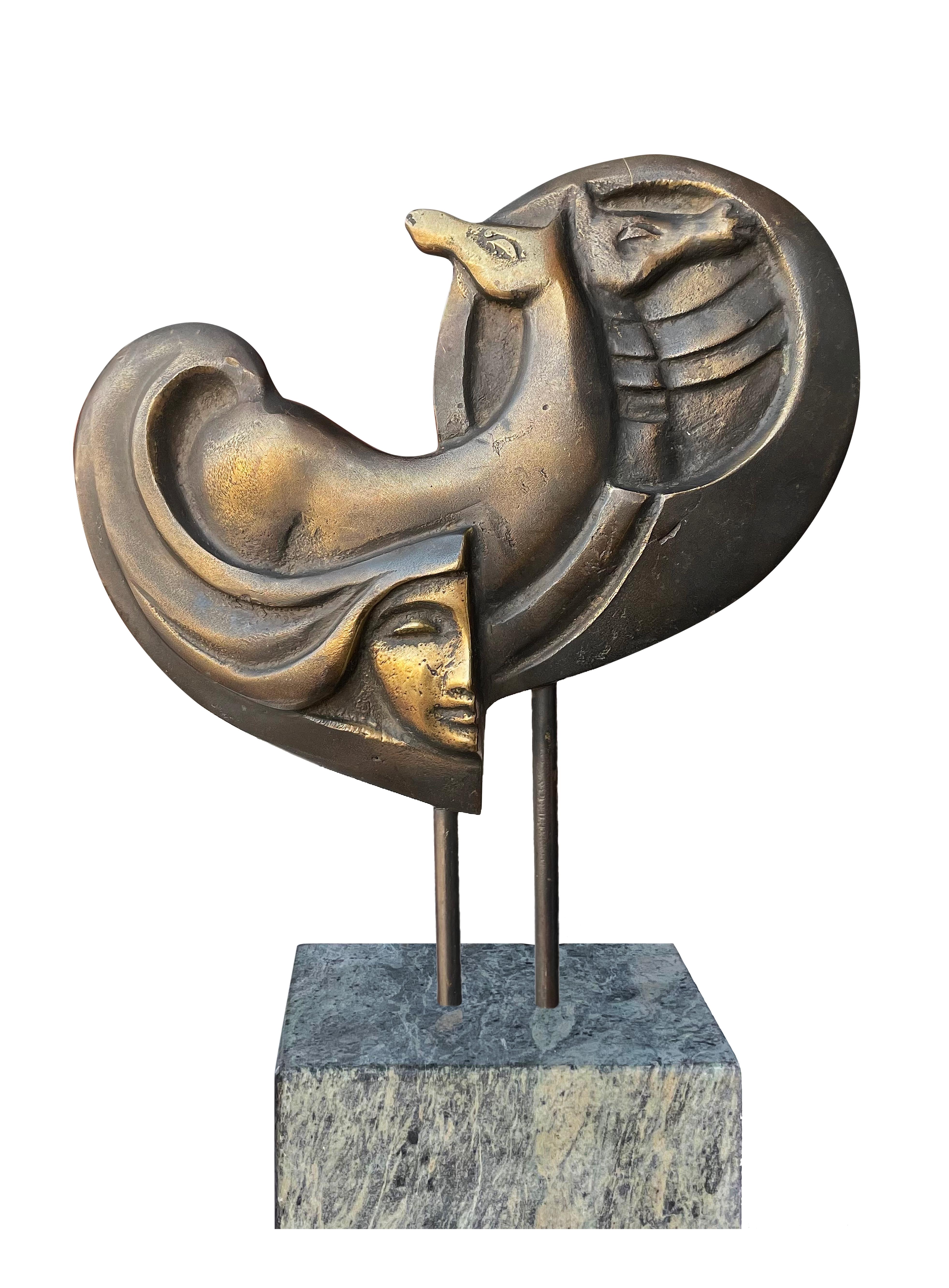 "Love of Horses" Bronze and Marble sculpture 16" x 7" in by Ibrahim Abd Elmalak