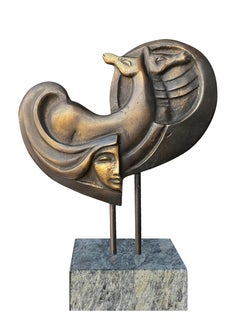 "Love of Horses" Bronze and Marble Sculpture 16" x 7" in by Ibrahim Abd Elmalak