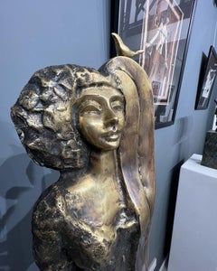 "Songbird" Bronze and Marble sculpture 22.5" x 5" in by Ibrahim Abd Elmalak