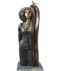 "Songbird" Bronze and Marble sculpture 22.5" x 5" in by Ibrahim Abd Elmalak