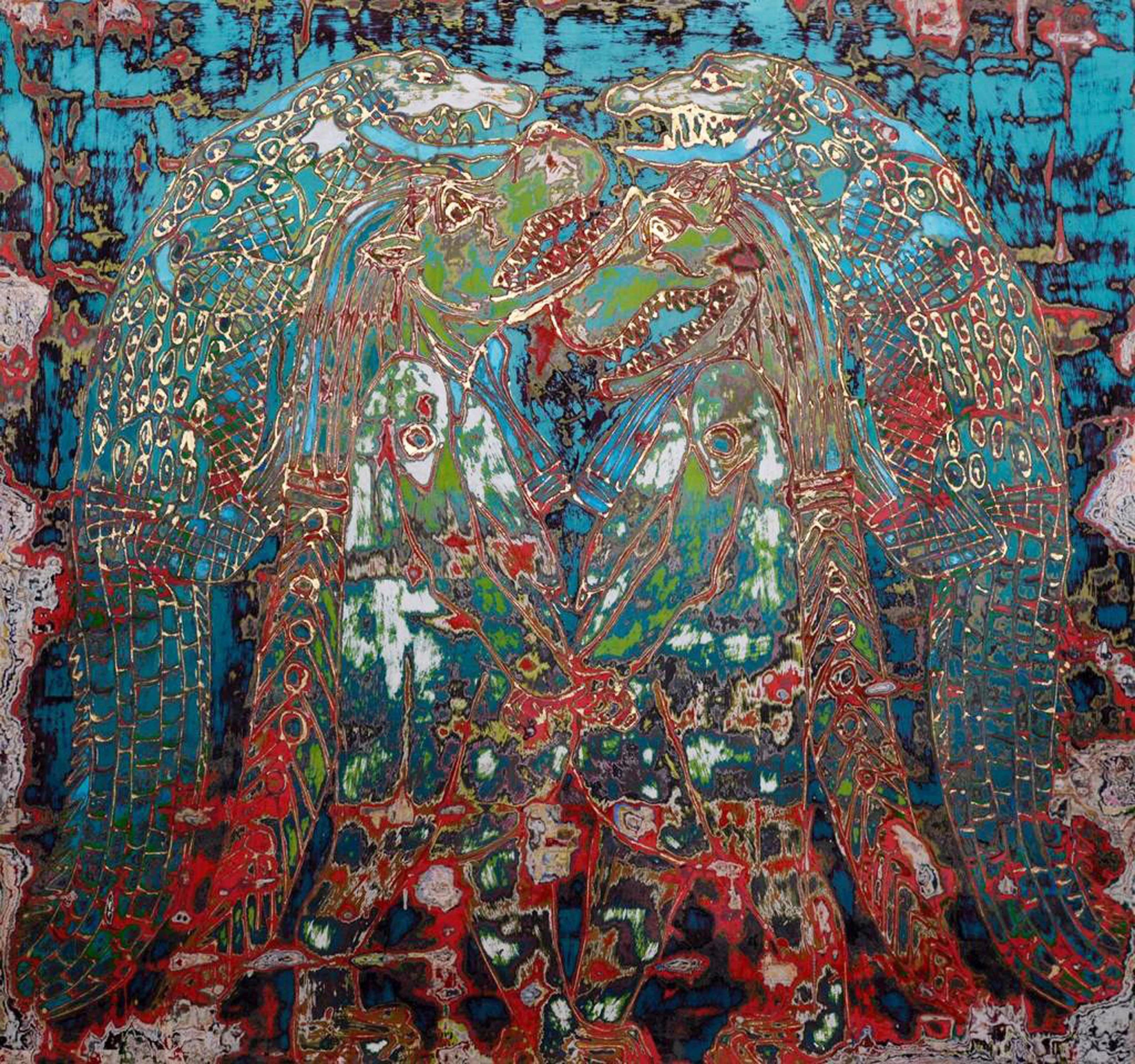 "Crocodile Mirage" Abstrakte Malerei 47" x 47" Zoll von Ibrahim Khatab

Ibrahim Khatab wurde 1984 in Kairo geboren, arbeitet als Co-Dozent an der Universität Kairo und mischt in seinen Werken Malerei, Videokunst und Installation. Er begann schon in